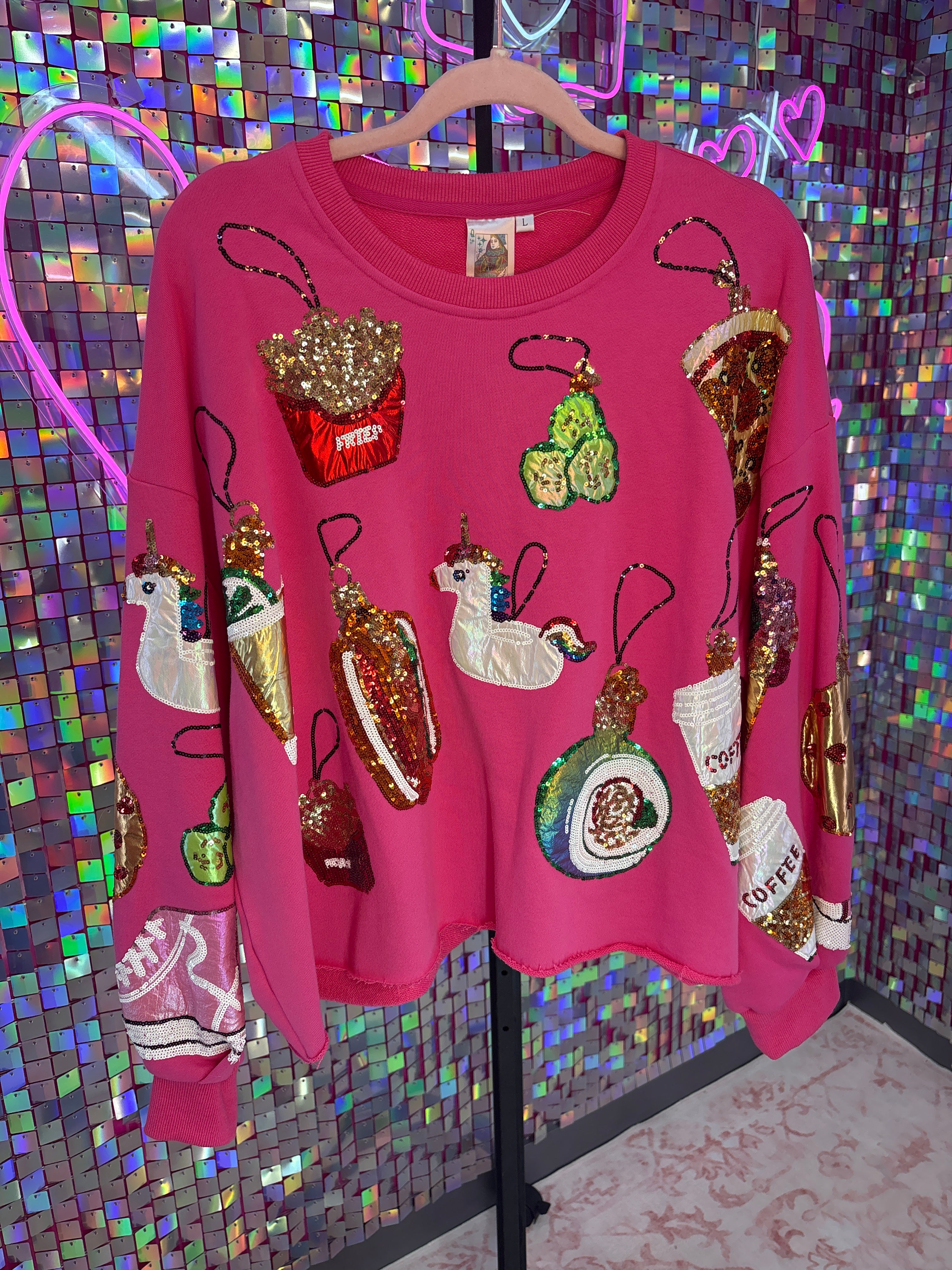 Queen of Sparkles QOS NWOT Pink Ornaments Sweatshirt L