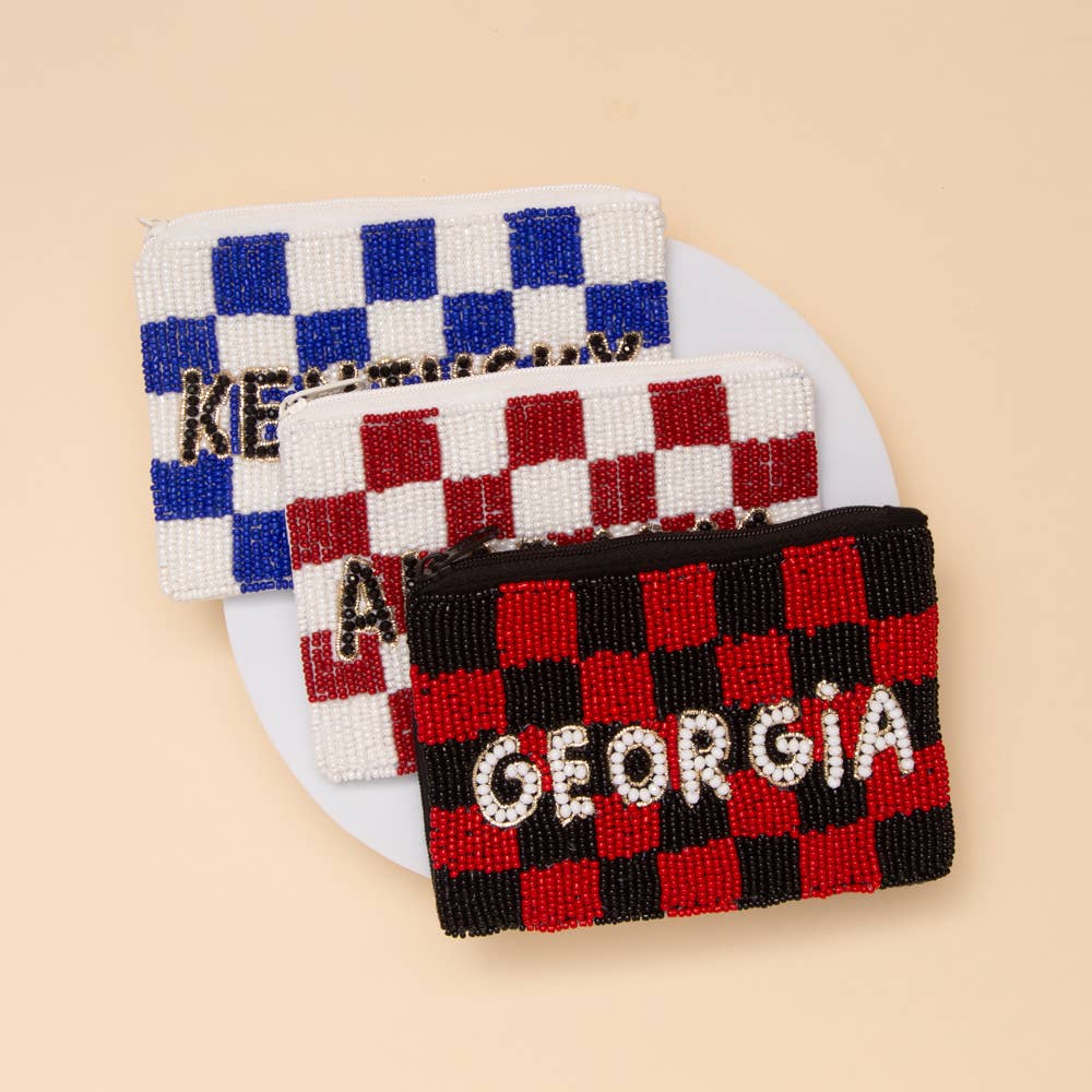 Gameday Checkered Pattern State Name Seed Beaded Coin Bag: Burgundy White