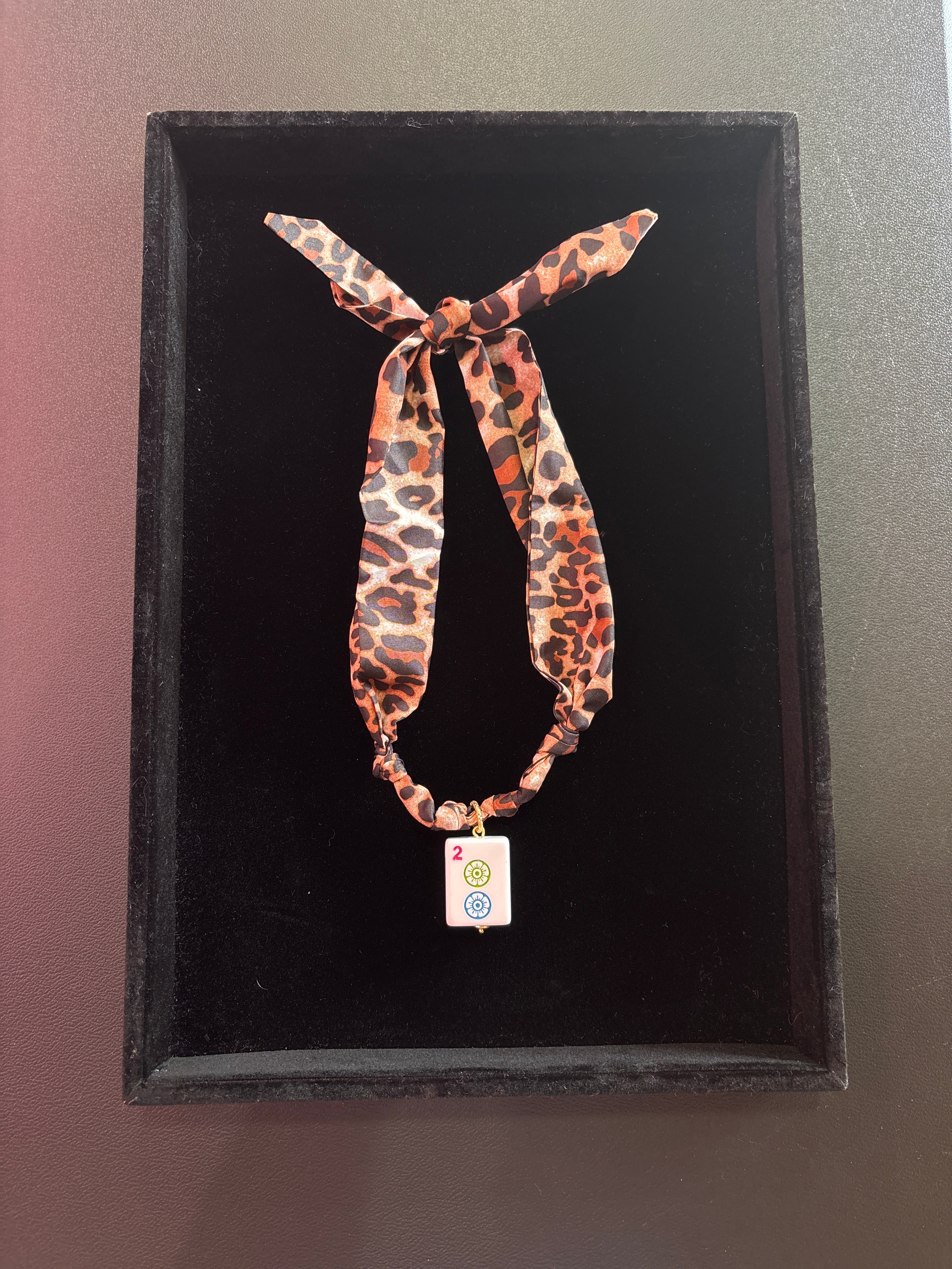 Mahjong Tile Scarf Necklace- Leopard with 2 Dot