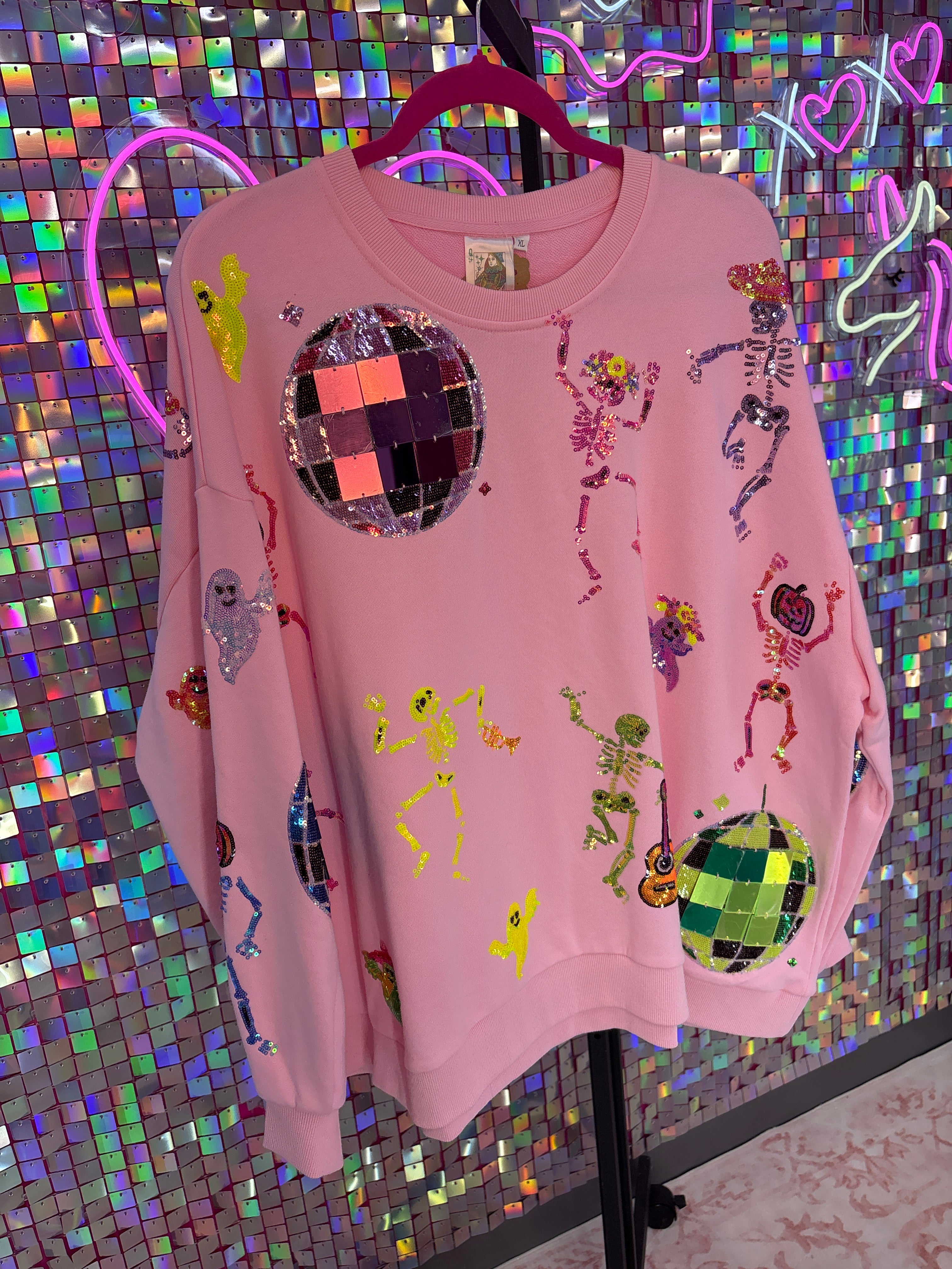 Queen of Sparkles QOS NWT Pink Skeleton Disco Ball Sweatshirt XL
