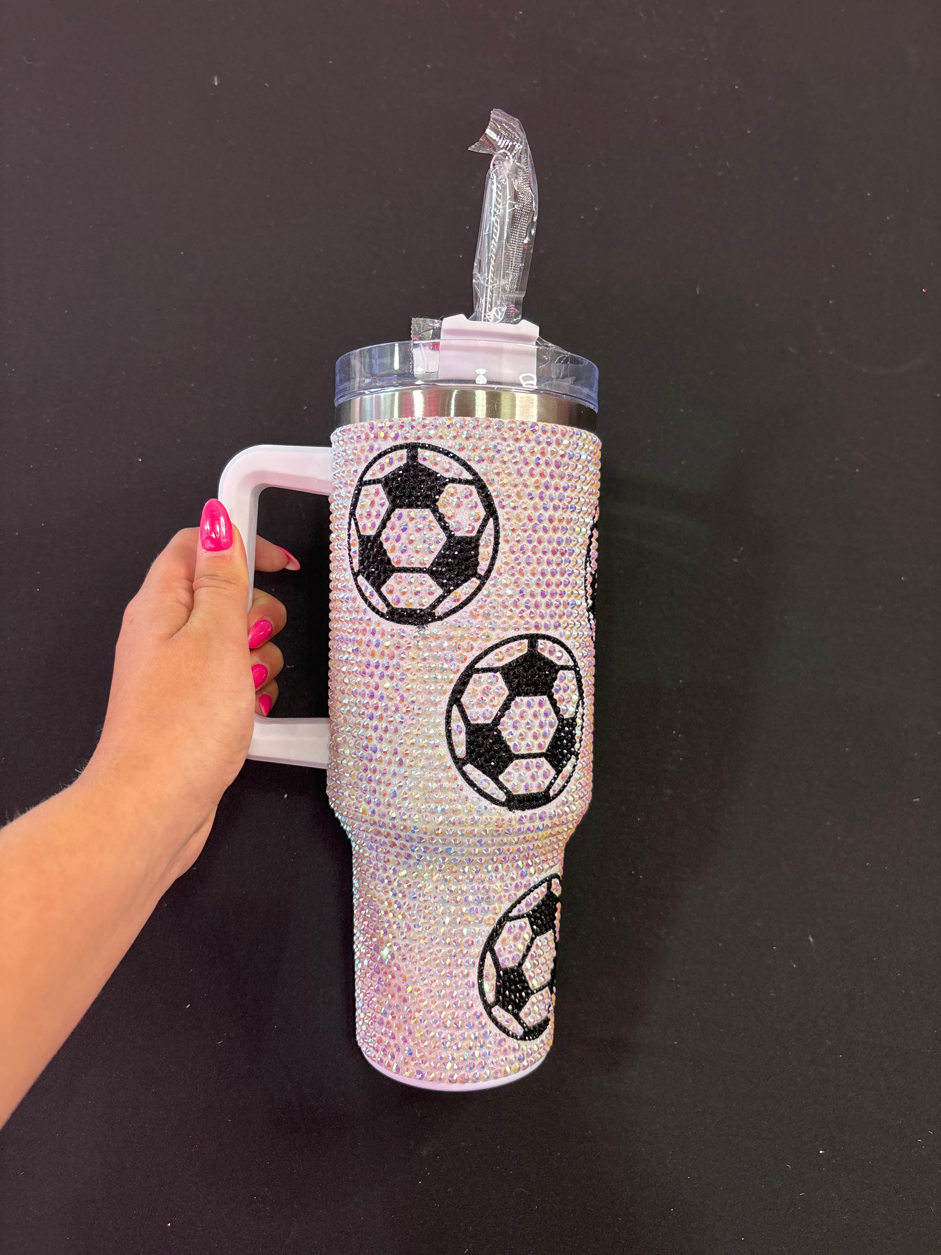 White Sparkle Tumbler Cup with Soccer Balls