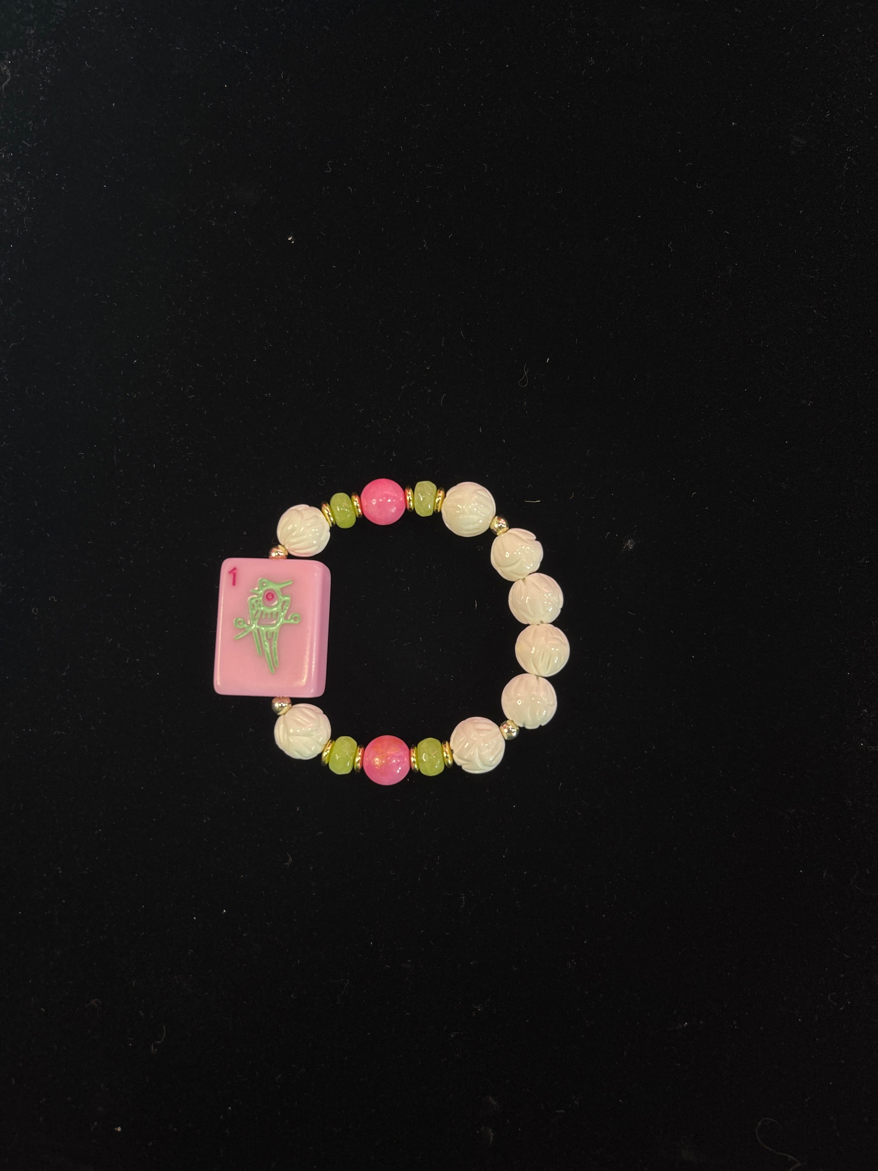 #9 Mahjong Tile Bracelet with Pink, Green, and White Beads with Bam Bird