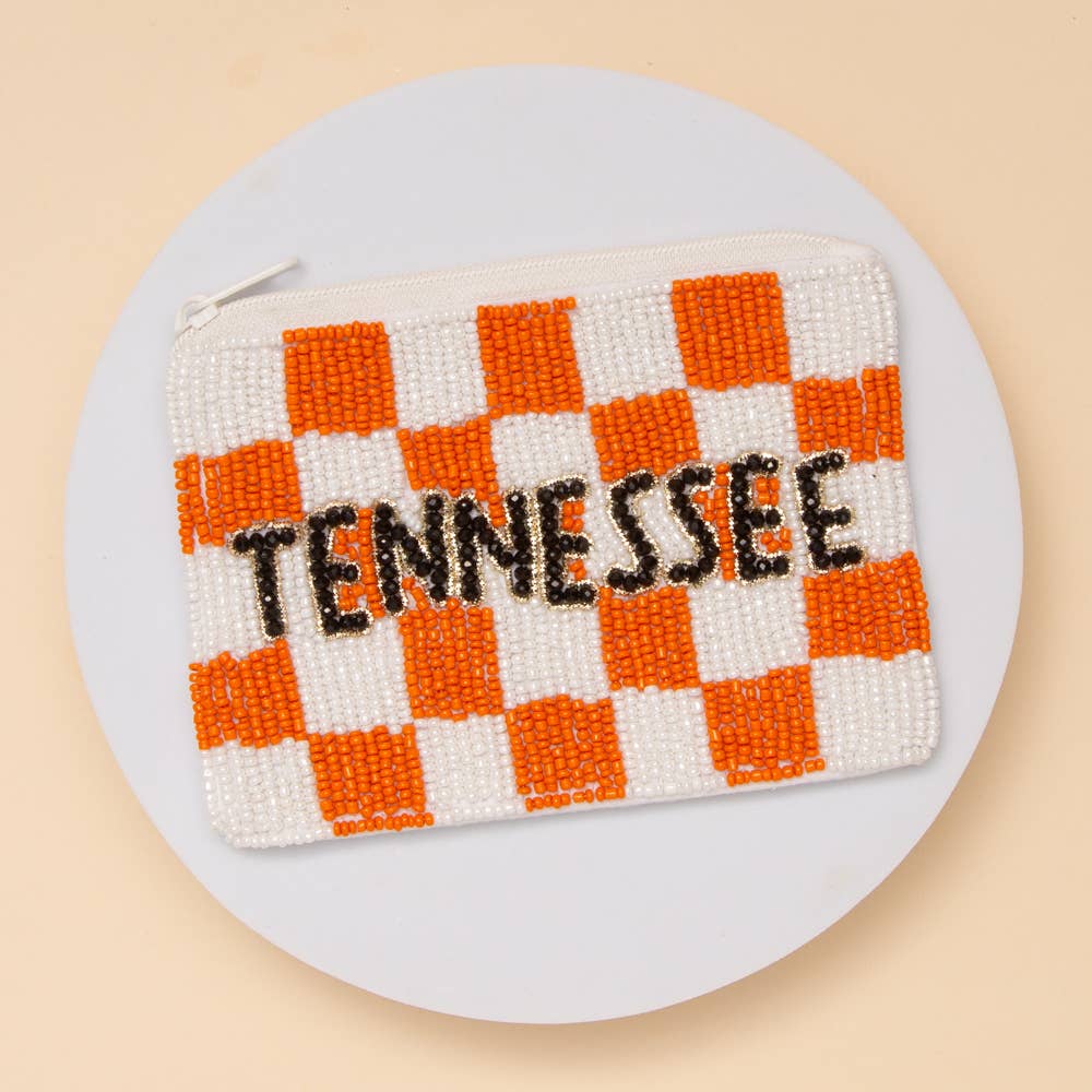 Gameday Checkered Pattern State Name Seed Beaded Coin Bag: Orange White