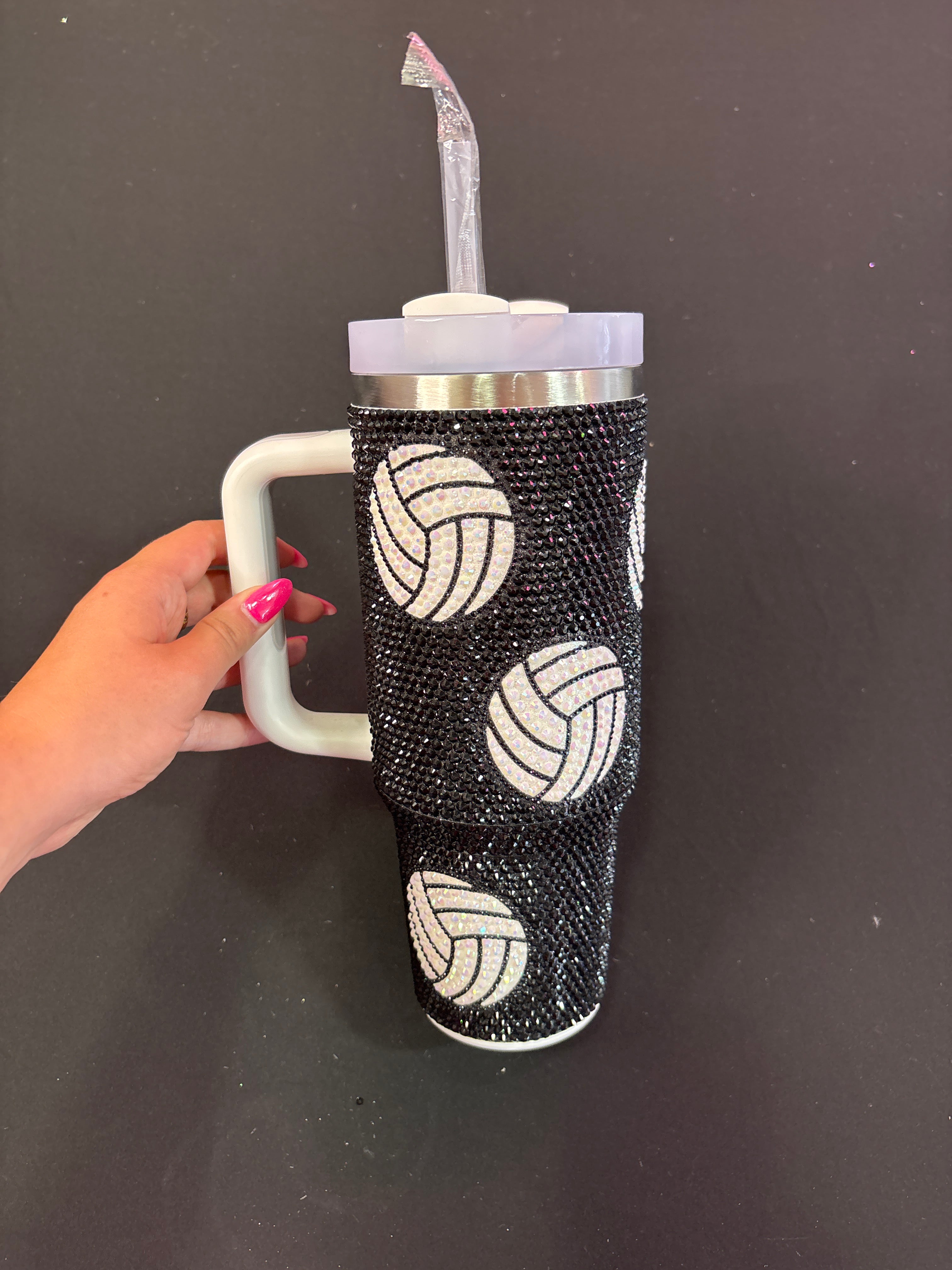 Black Sparkle Tumbler Cup with White Volleyballs