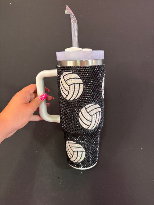 Black Sparkle Tumbler Cup with White Volleyballs