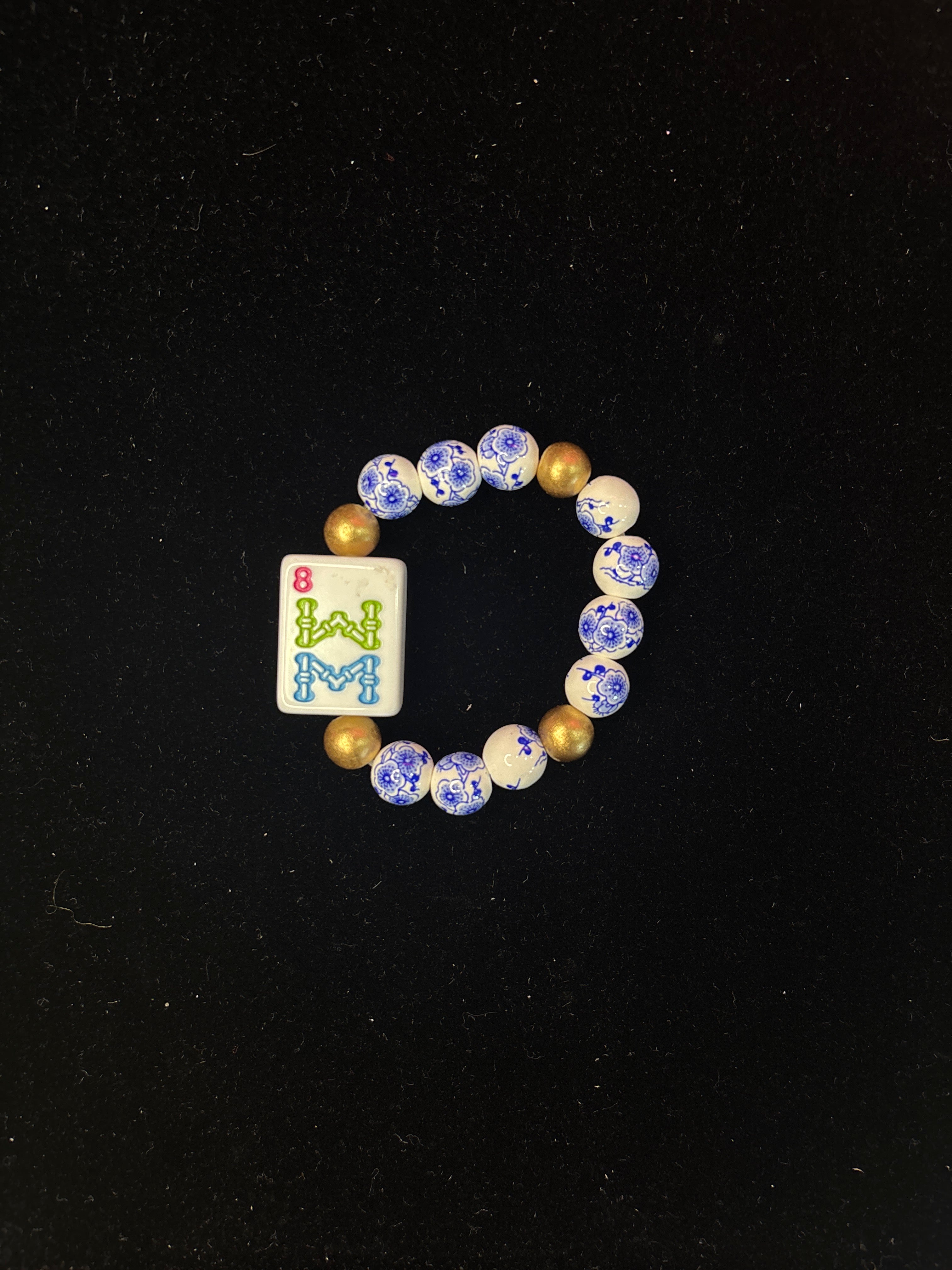 Mahjong Tile Bracelet with 8 Bam, Blue and White Floral Beads and Gold Beads