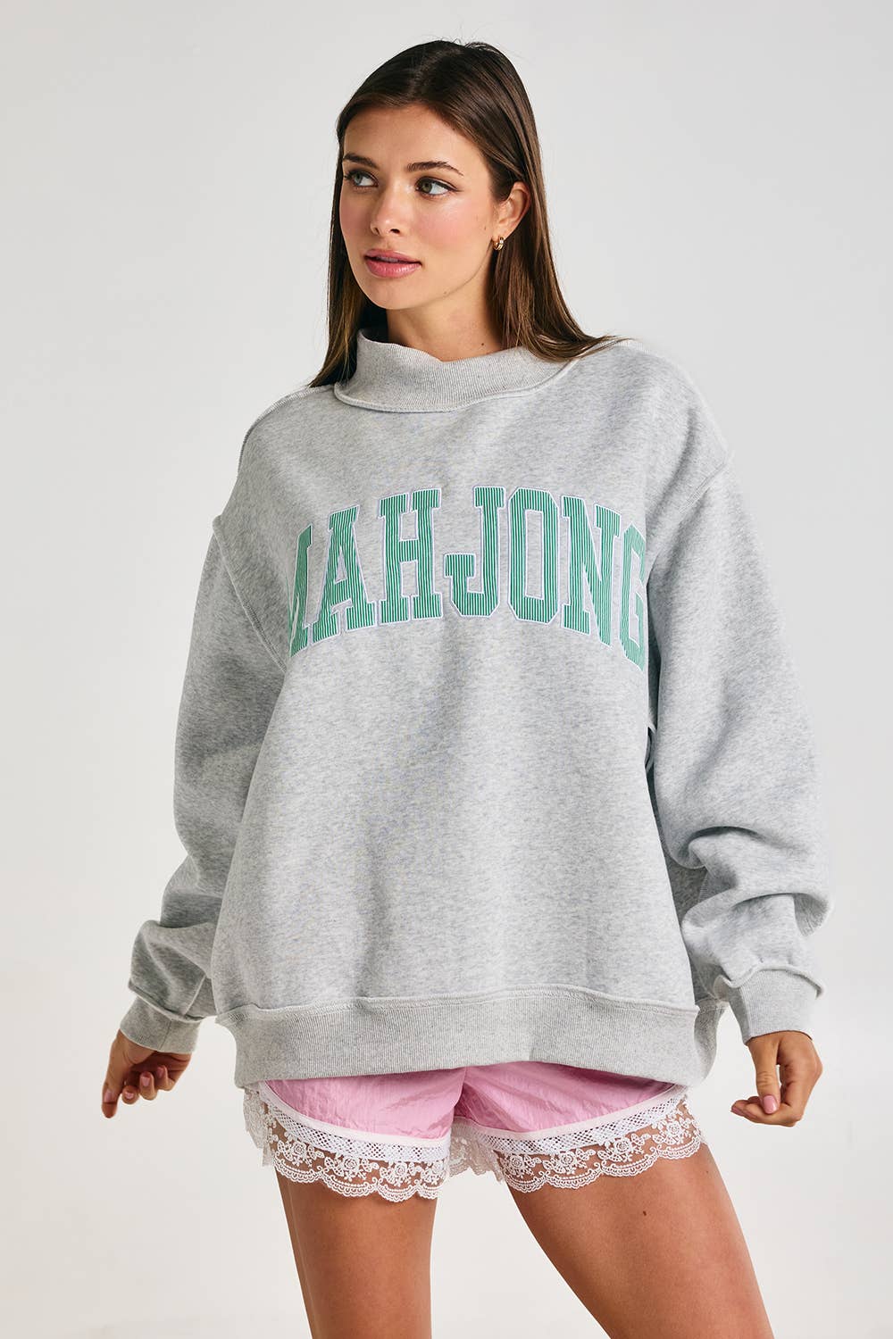 MAHJONG | Mahjong Embroidery Sweatshirt: H.GREY/KELLY GREEN STRIPE / S/M-L/XL (3-3)