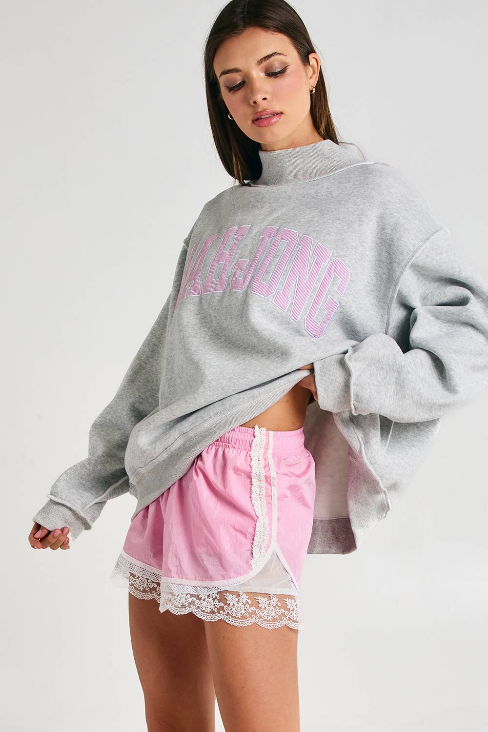 MAHJONG | Mahjong Embroidery Sweatshirt: H.GREY/BABY PINK STRIPE / S/M-L/XL (3-3)