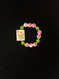 Mahjong Tile Bracelet with 4 Flower, Pink and White Floral Beads, Green Beads, and Gold Filler Beads
