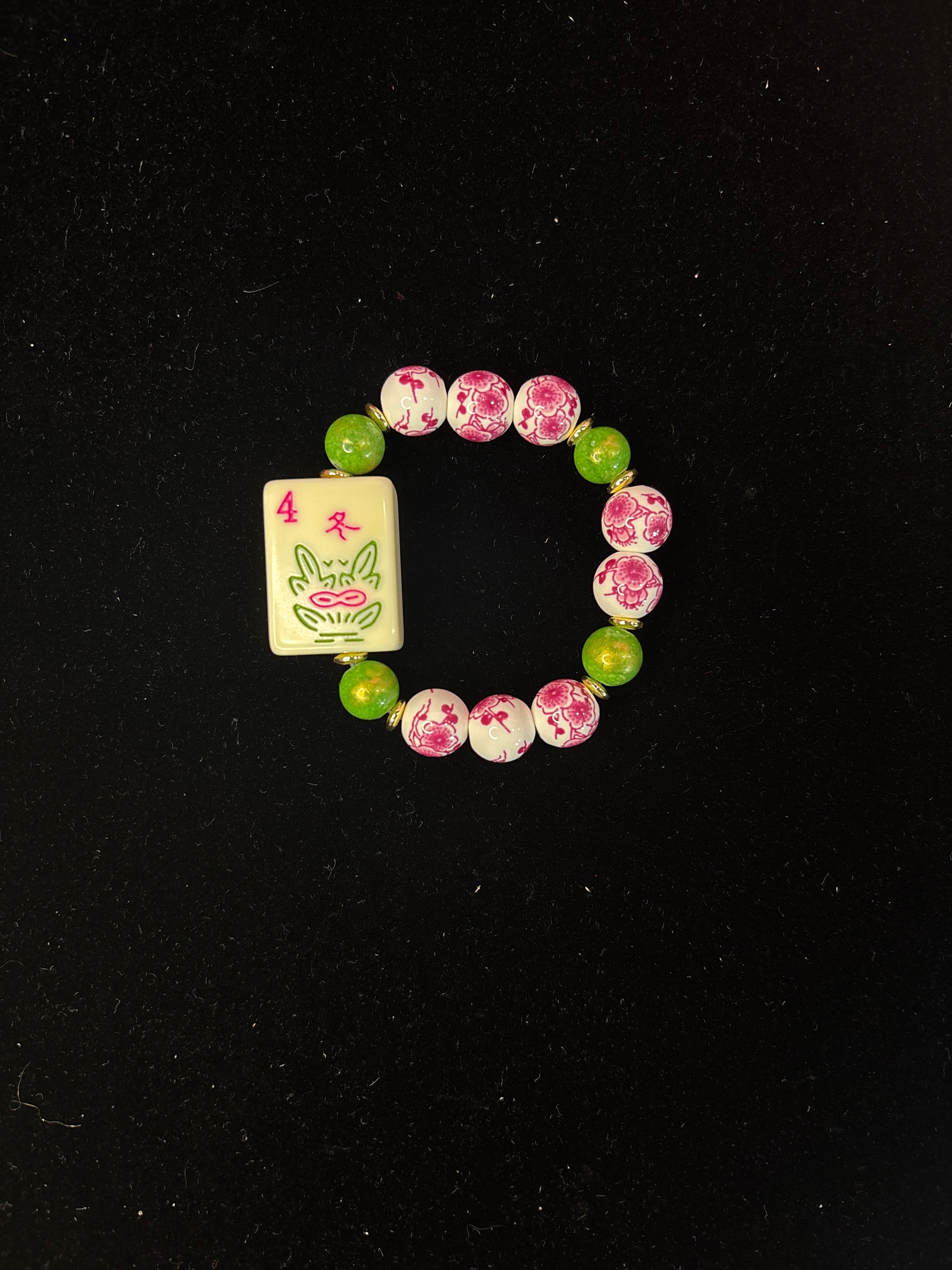 Mahjong Tile Bracelet with 4 Flower, Pink and White Floral Beads, Green Beads, and Gold Filler Beads