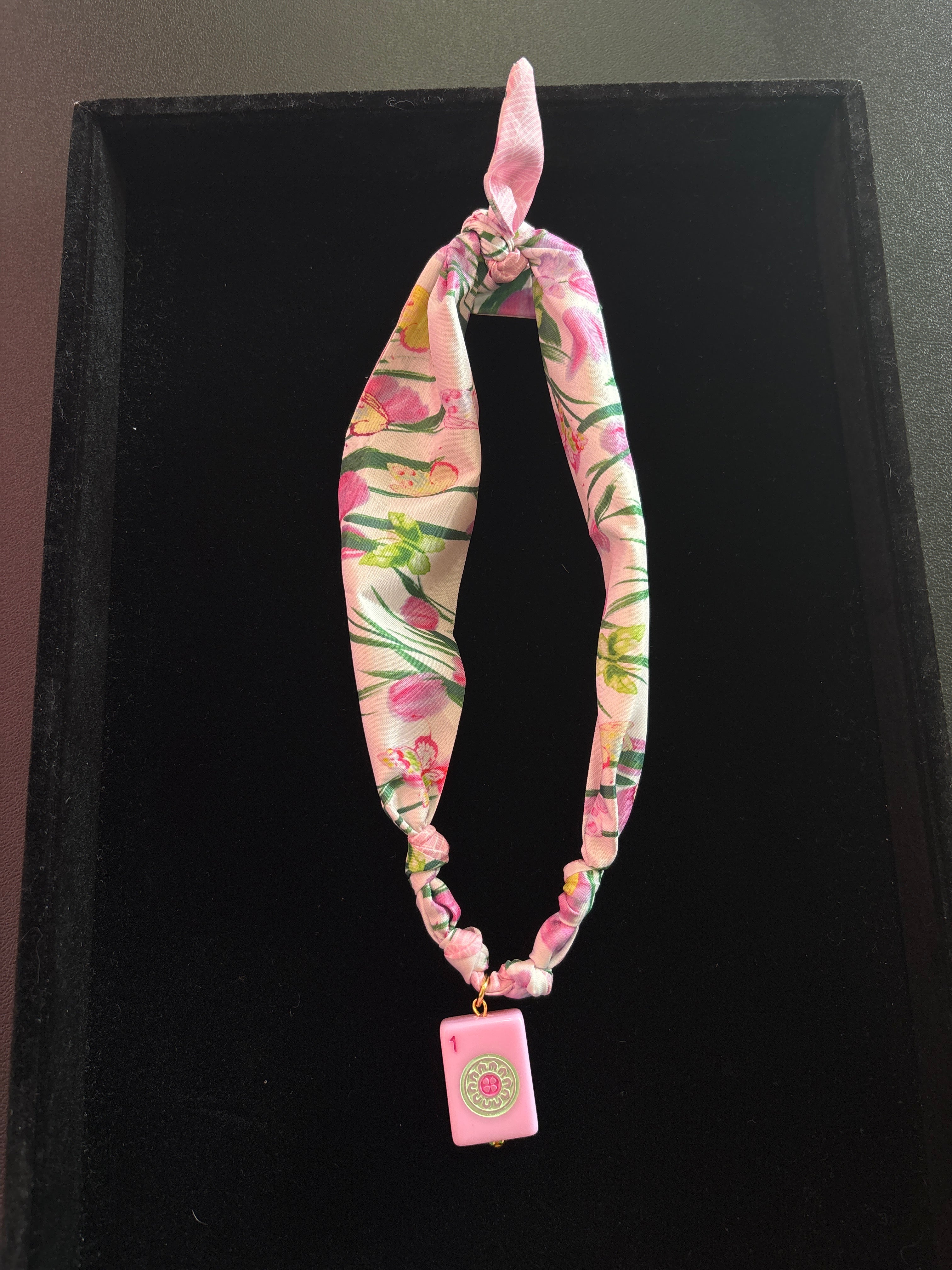 Mahjong Tile Scarf Necklace- pink floral with one dot