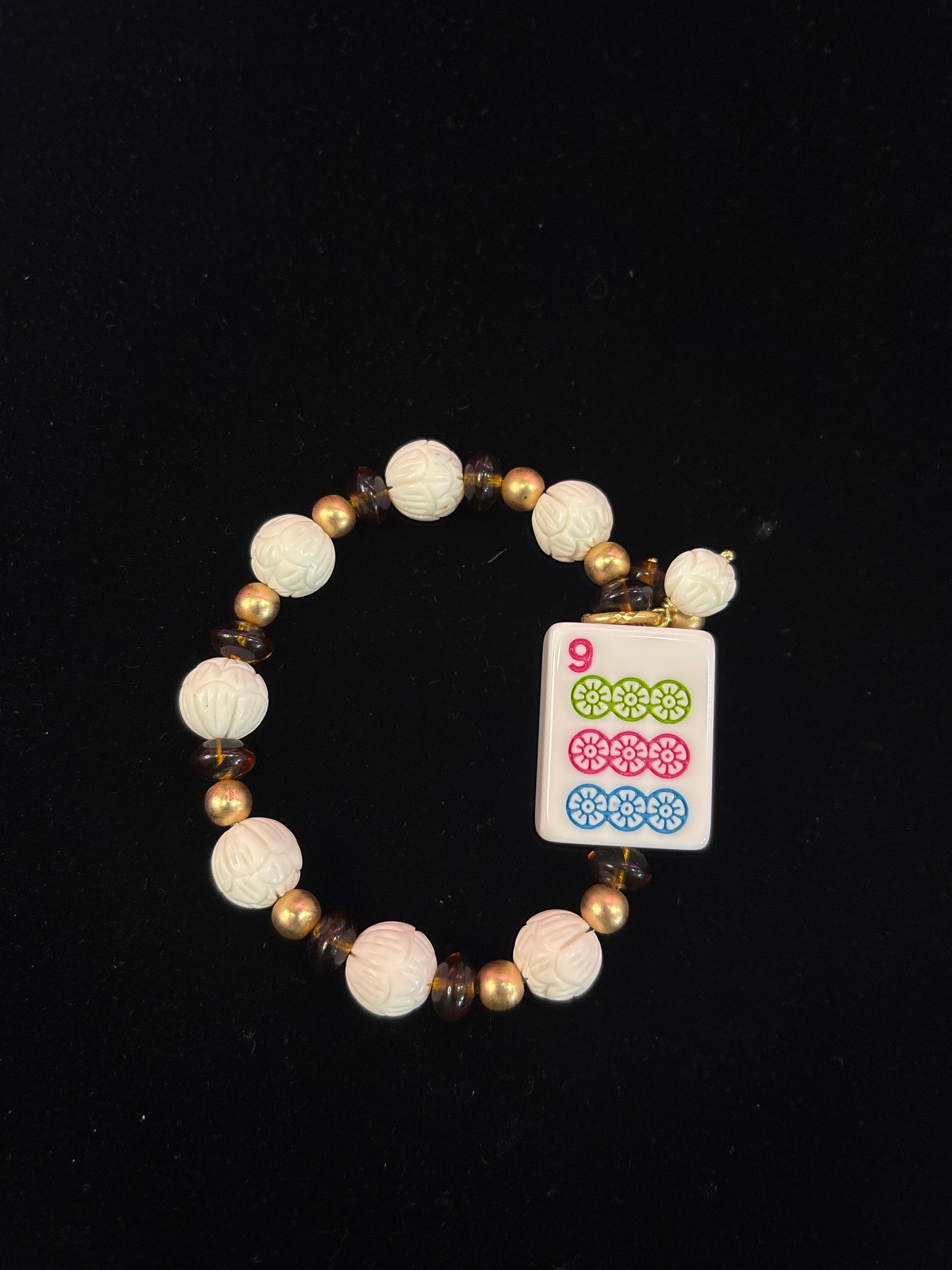 #15 Mahjong Tile Bracelet with White, Brown, and Gold Beads with 9 Dot
