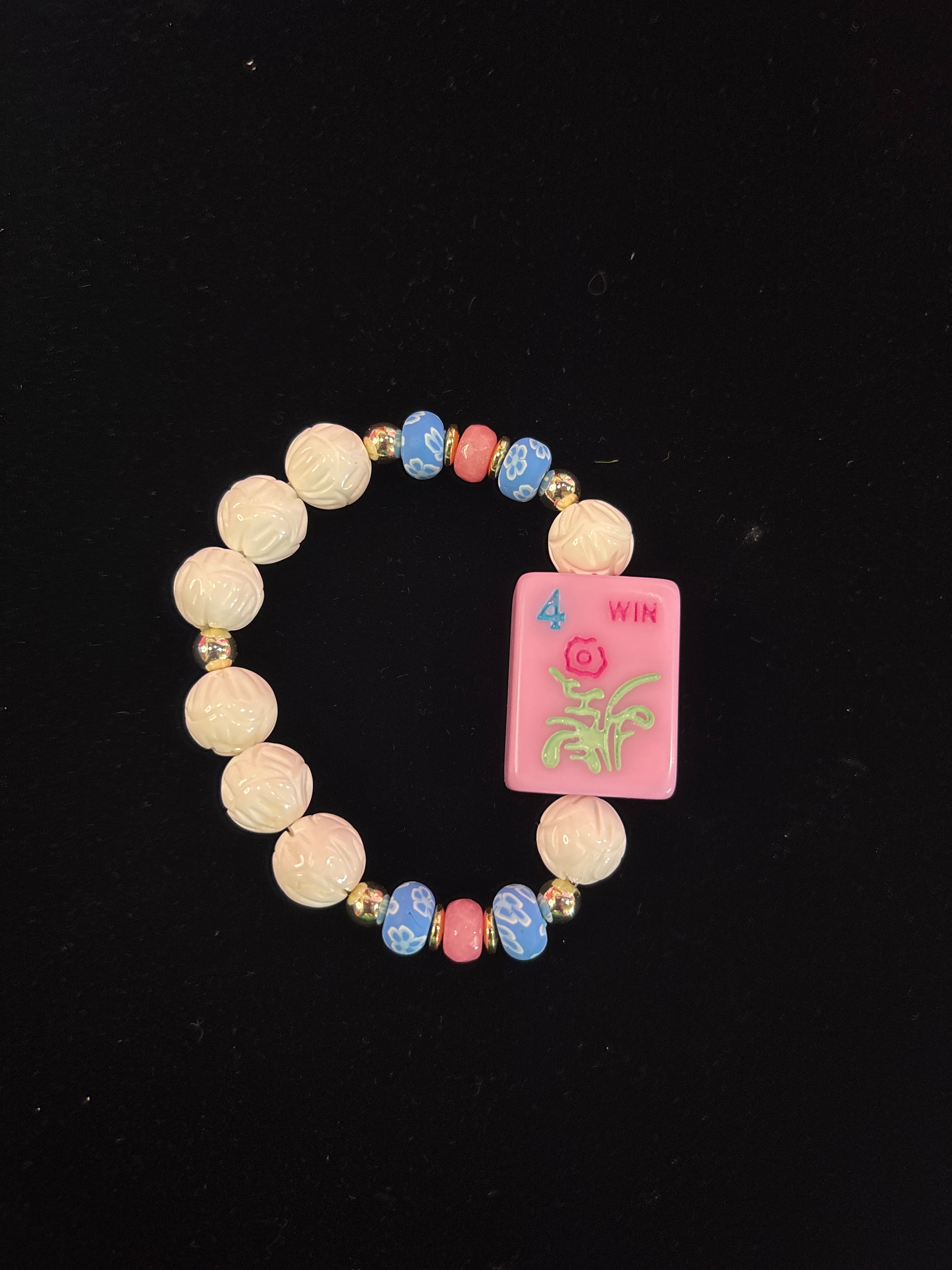 #7 Mahjong Tile Bracelet with Pink, Blue, and White Beads with Flower