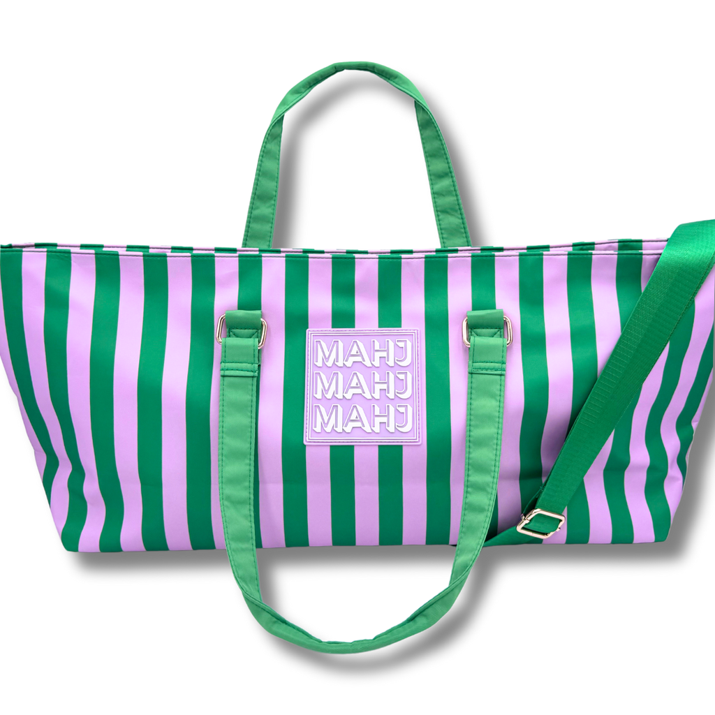 My Fair Mahjong MAHJONG TOTE BAG  |  Wide with Zipper Closure: Stripes- Pink & Red Tote Bag