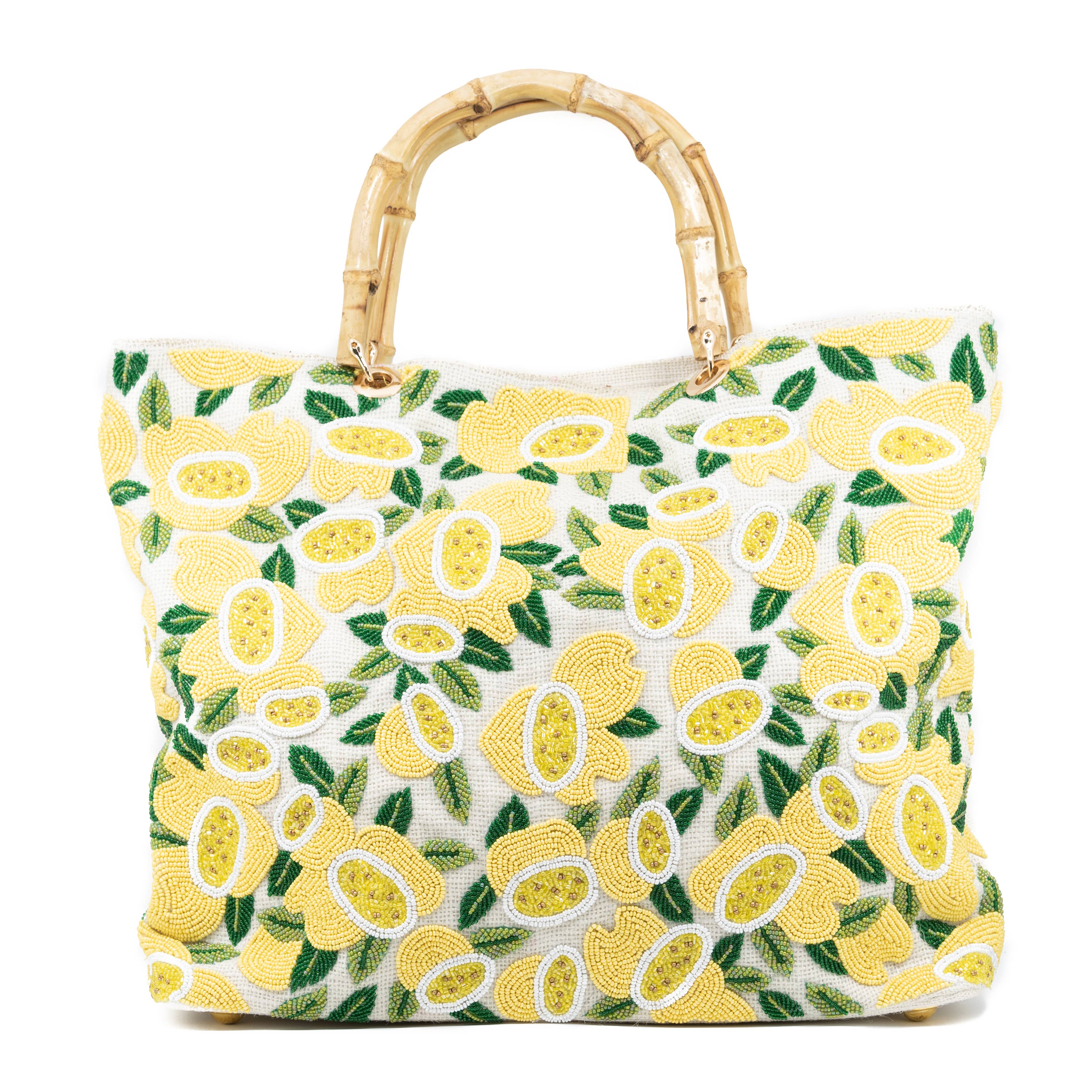 Lemons Beaded Tote Bamboo Handle