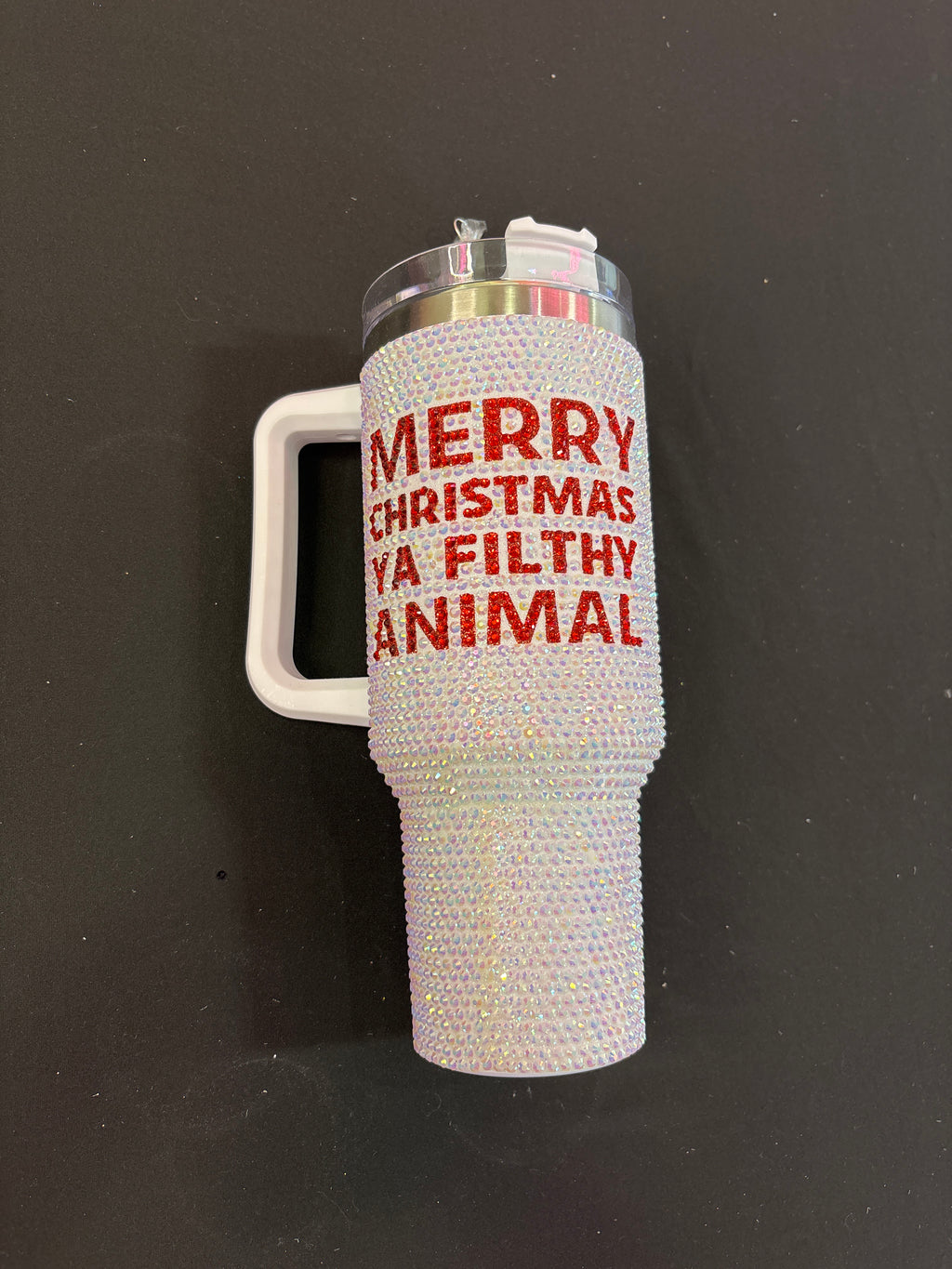 White Sparkle Tumbler Cup with Red “Merry Christmas Ya Filthy Animal”