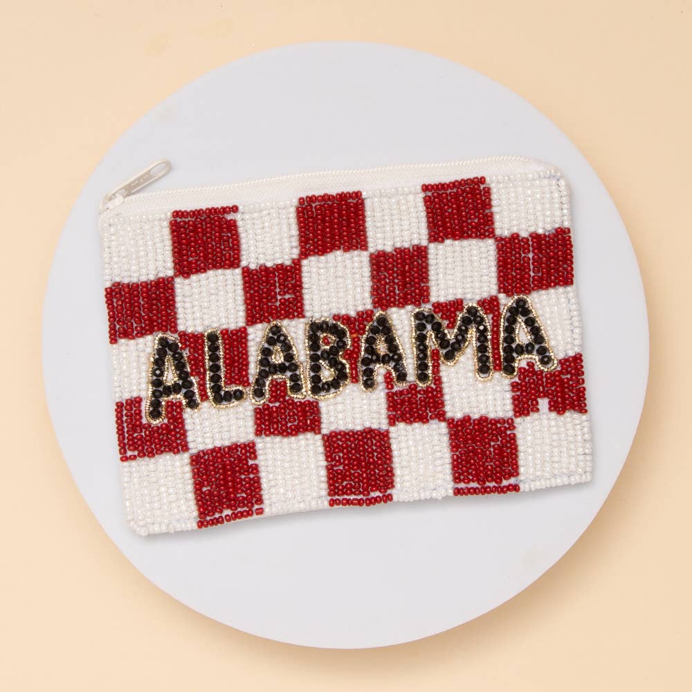 Gameday Checkered Pattern State Name Seed Beaded Coin Bag: Orange White