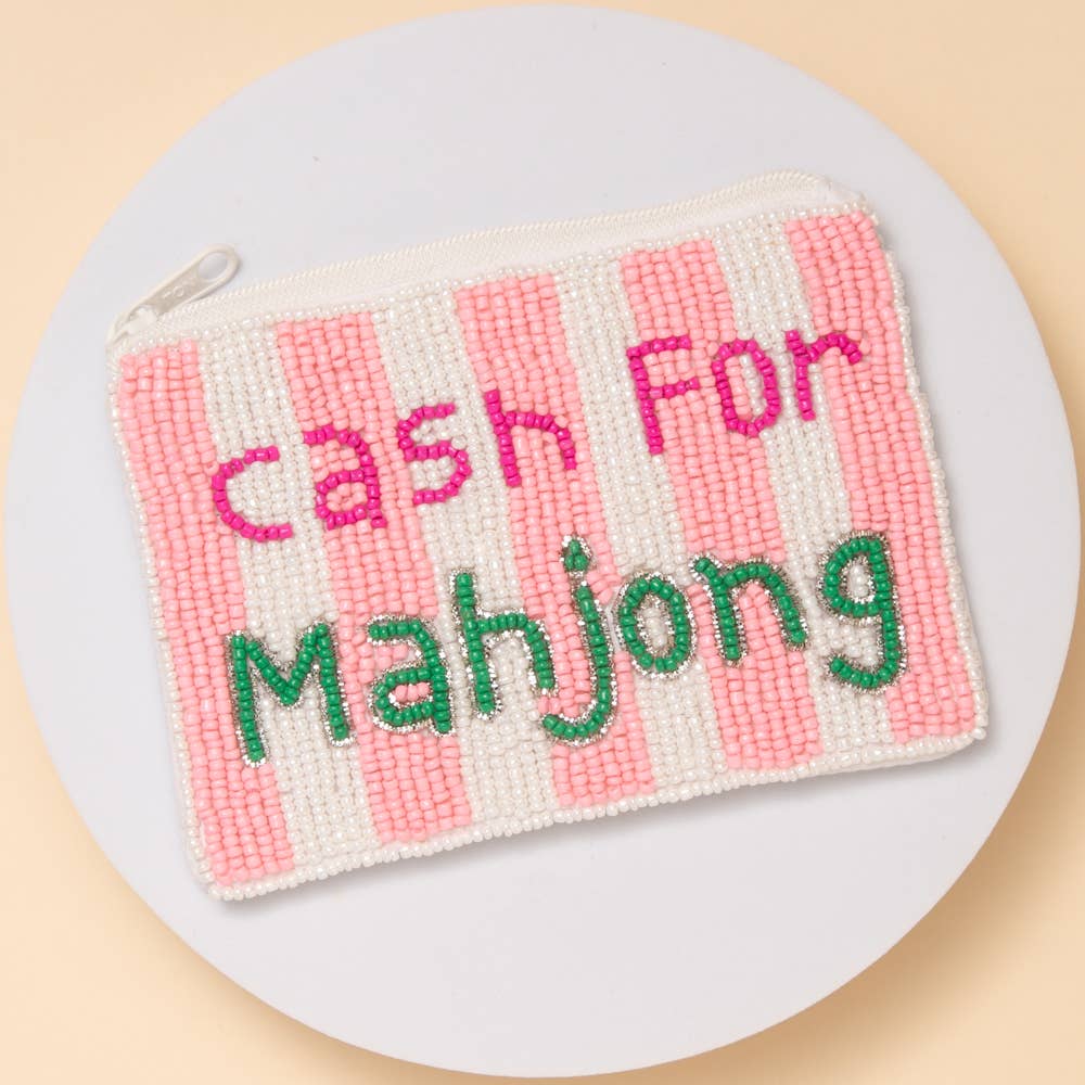 “Cash for Mahjong” Text Seed Beaded Zip Top Coin Bag
