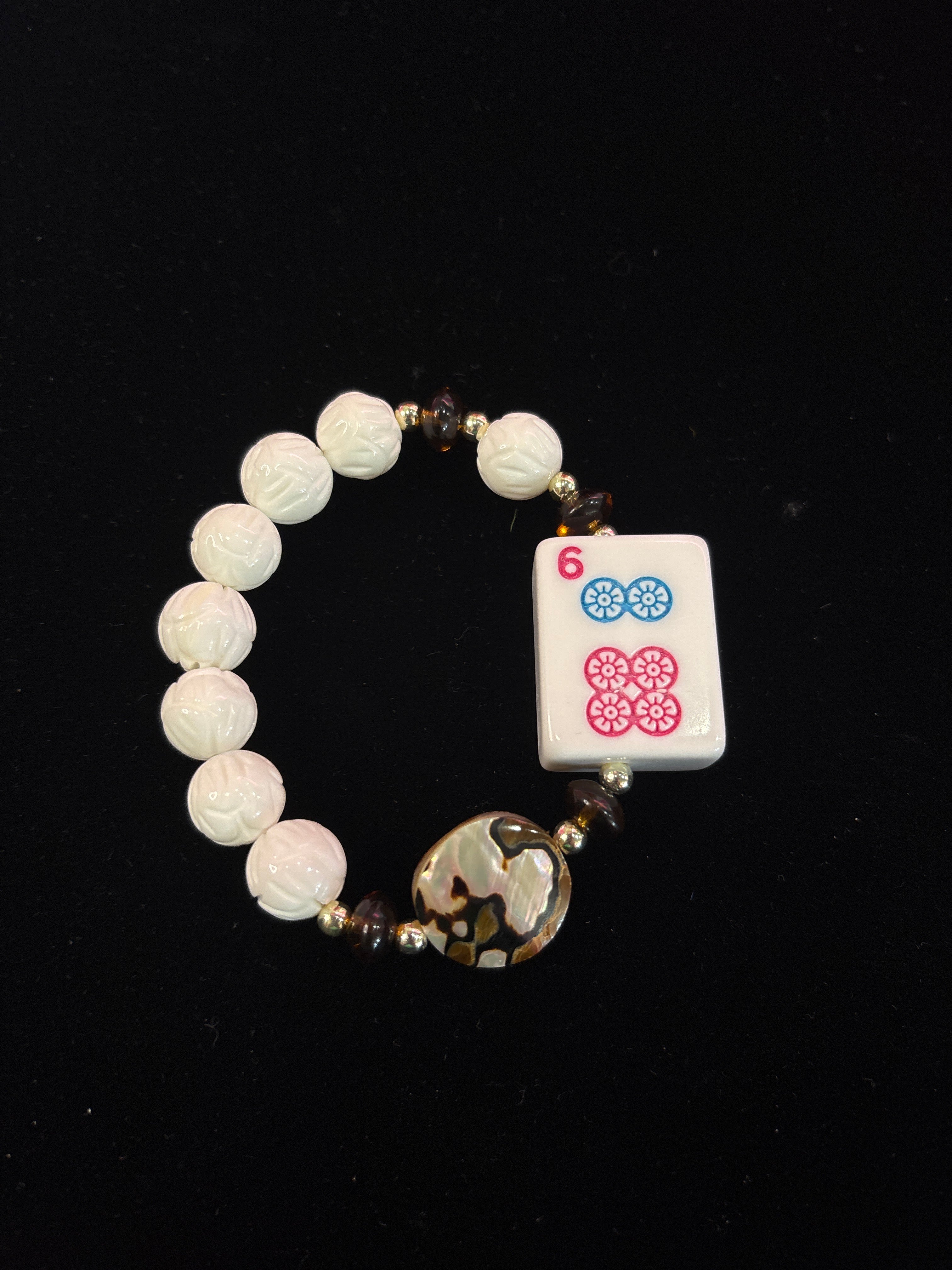 #14 Mahjong Tile Bracelet with White and Brown Beads with 6 Dot