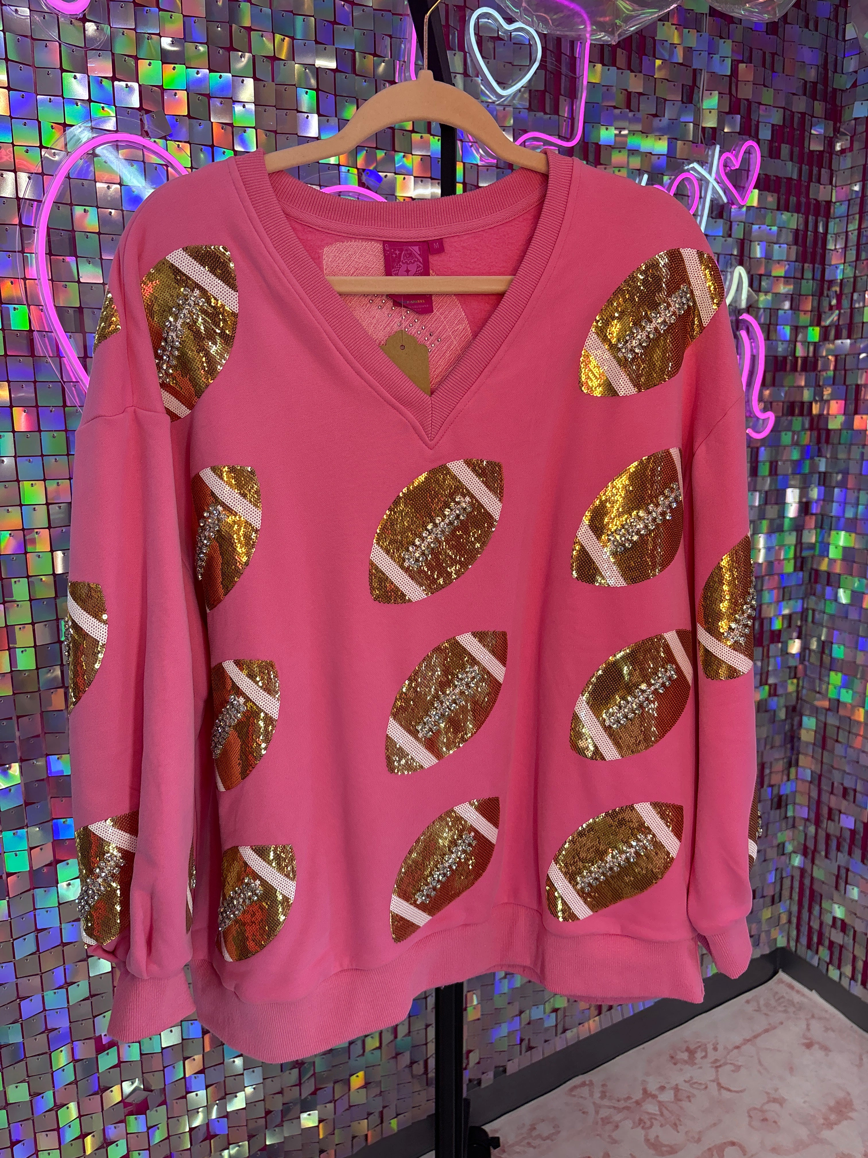 Queen of Sparkles QOS NWOT Pink Football V Neck Sweatshirt M