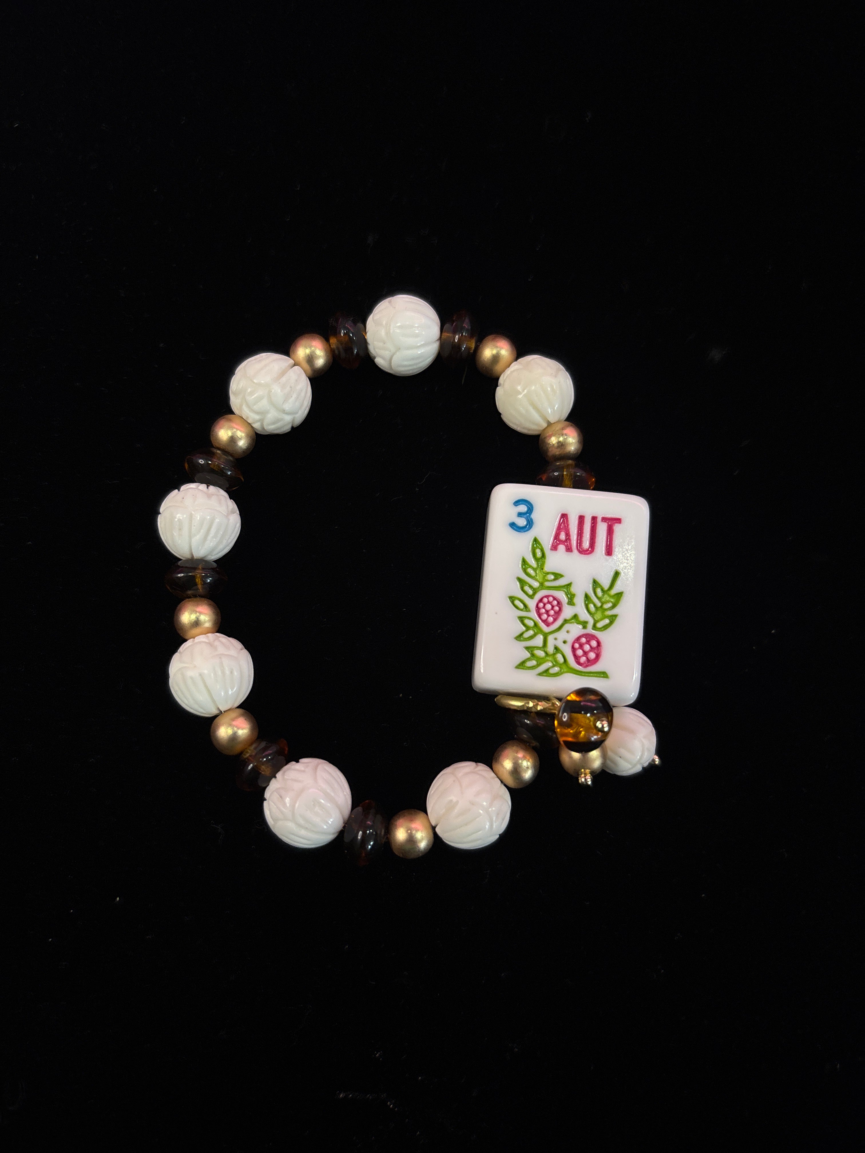 #13 Mahjong Tile Bracelet with White and Brown Beads with 3 Flower
