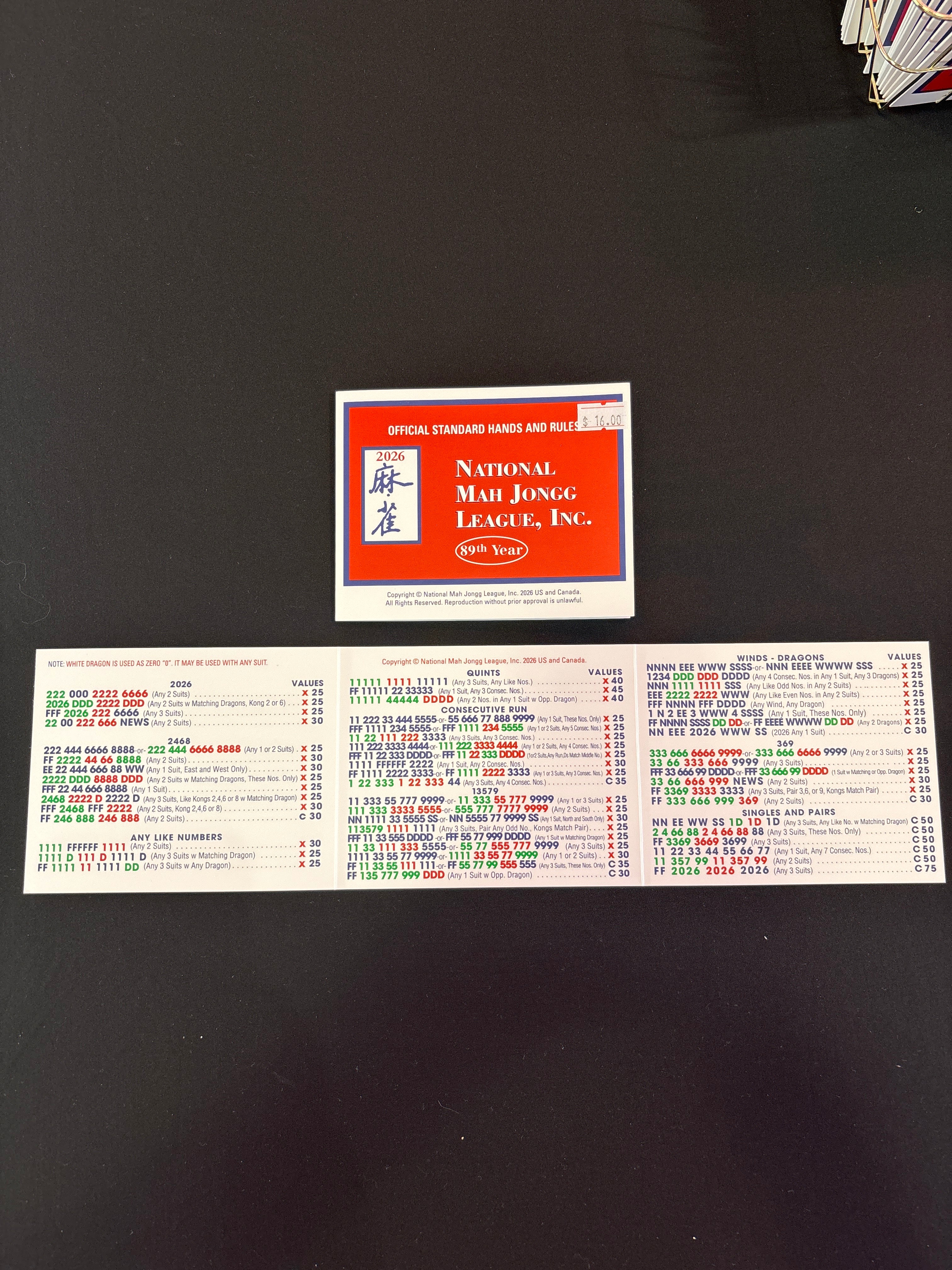 Small National Mahjong League Card 2026