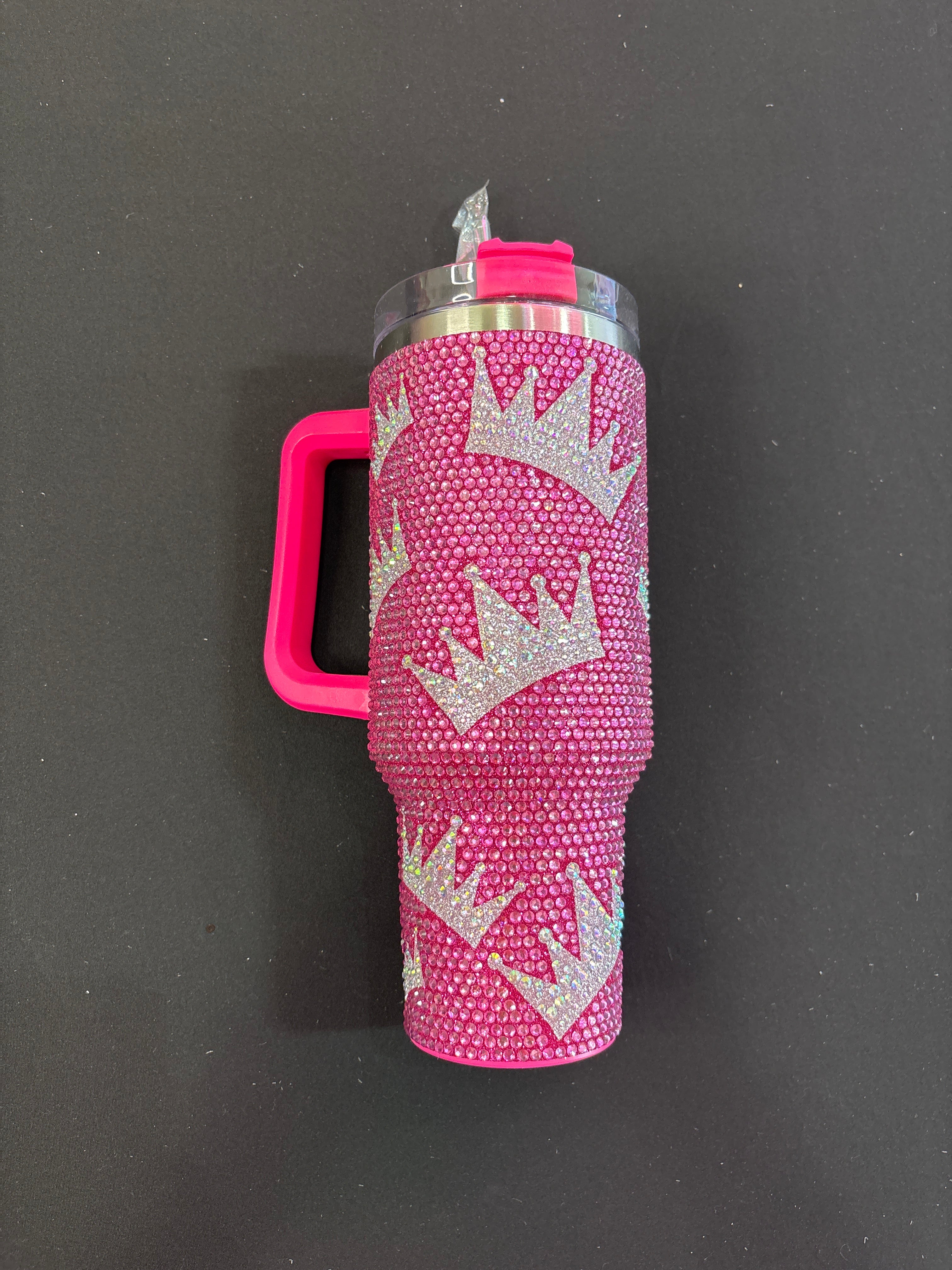 Hot Pink Sparkle Tumbler Cup With Silver Crowns