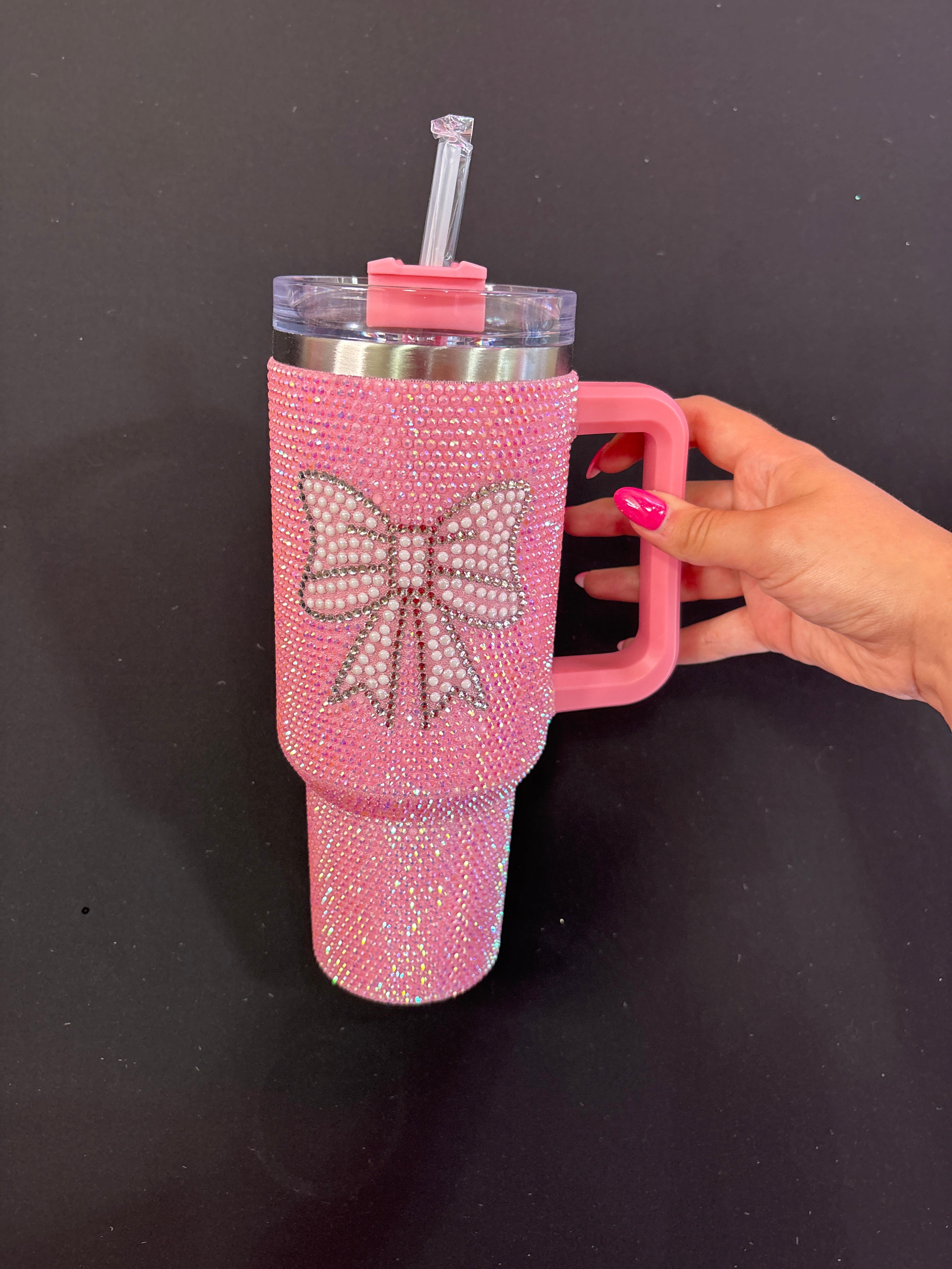 Light Pink Sparkle Tumbler Cup with White Bow