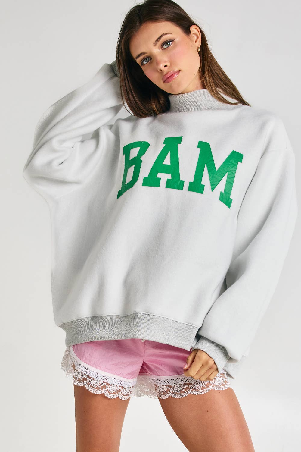 MAHJONG  Reversible "MAHJ"&"BAM" Mock Neck Sweatshirt: Ash Grey/Pink / S/M-L/XL (3-3)