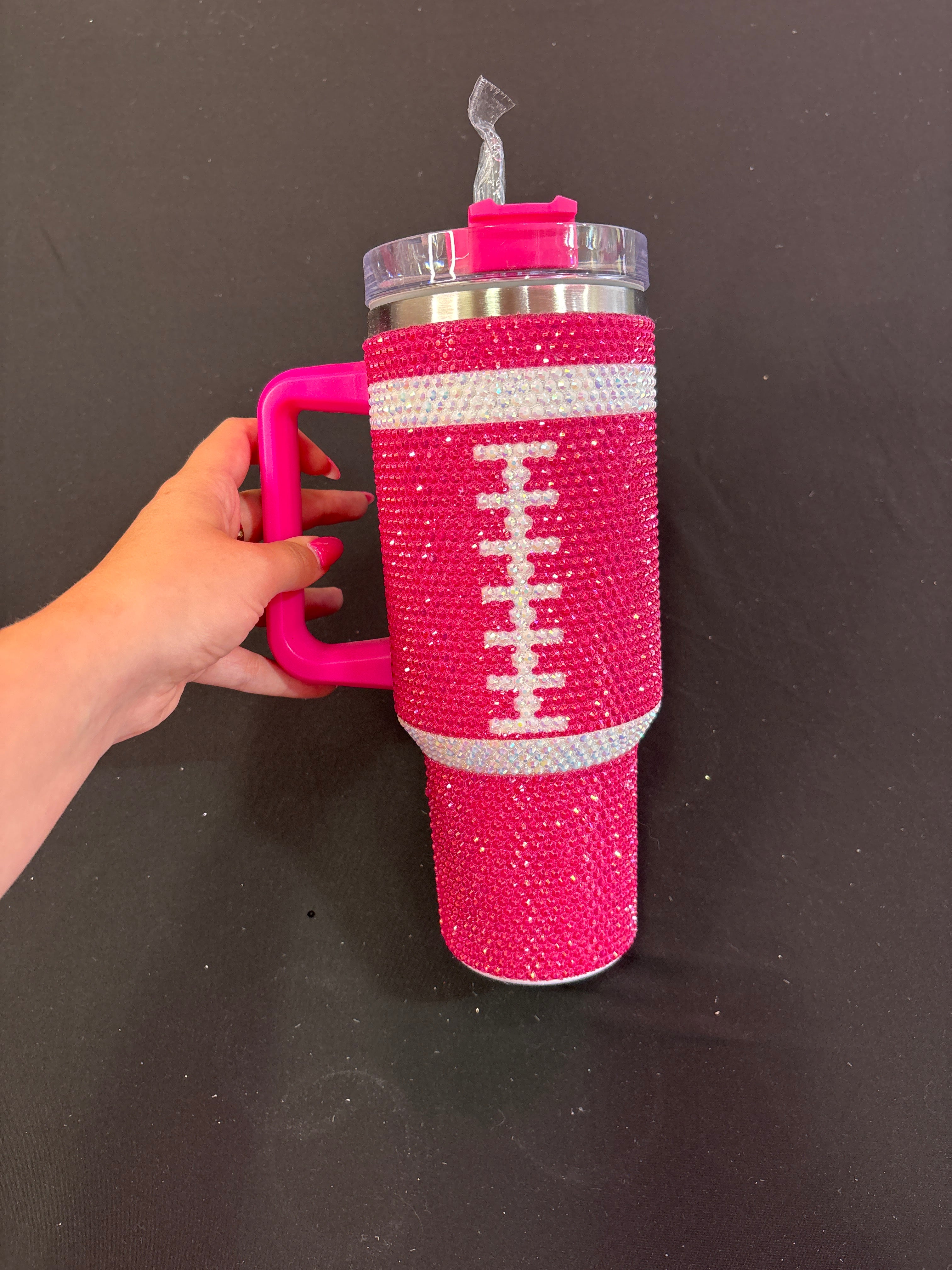 Hot Pink Football Sparkle Tumbler Cup