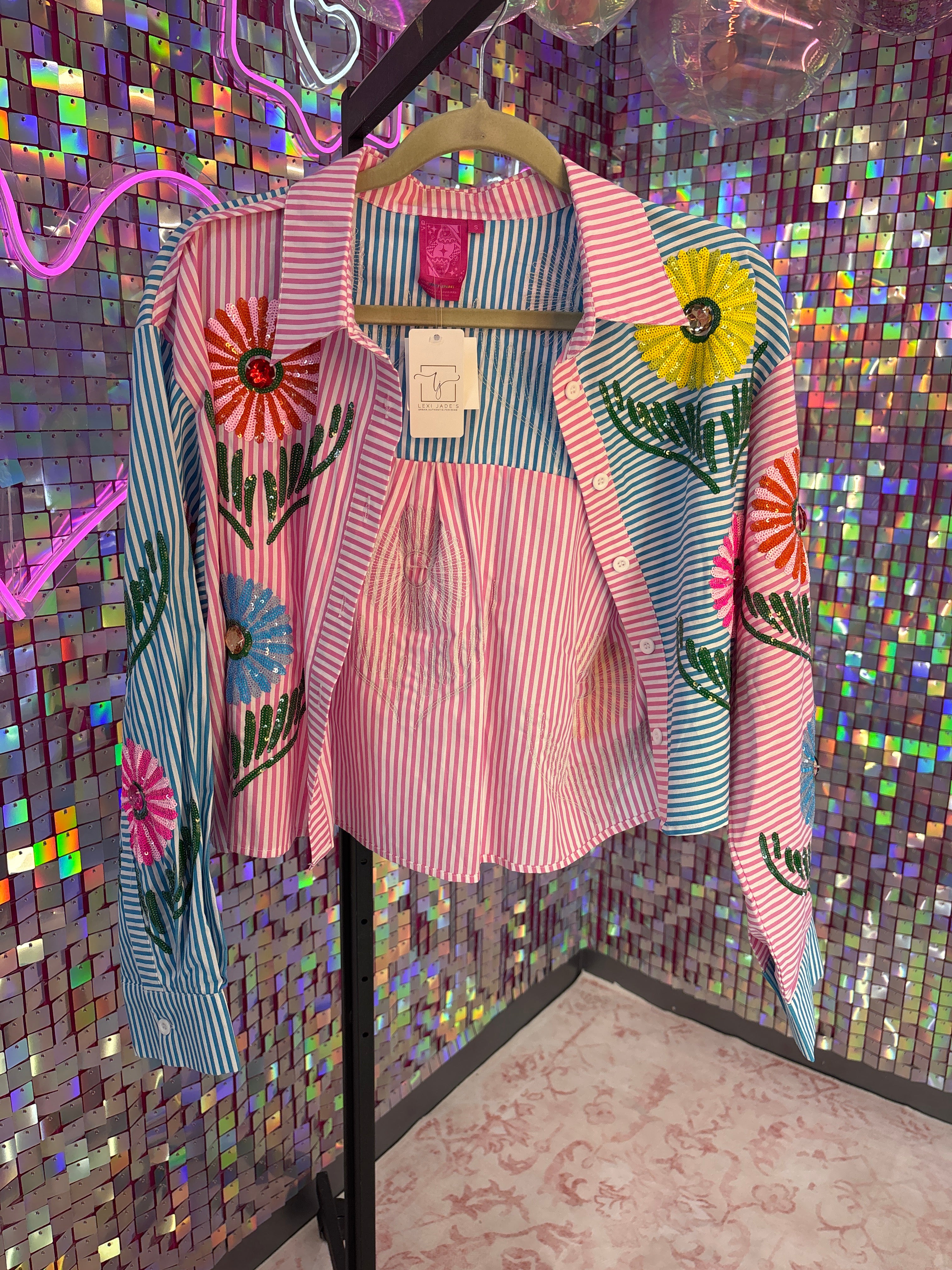Queen of Sparkles QOS NWT Blue and Pink Striped Button Up with Flowers S