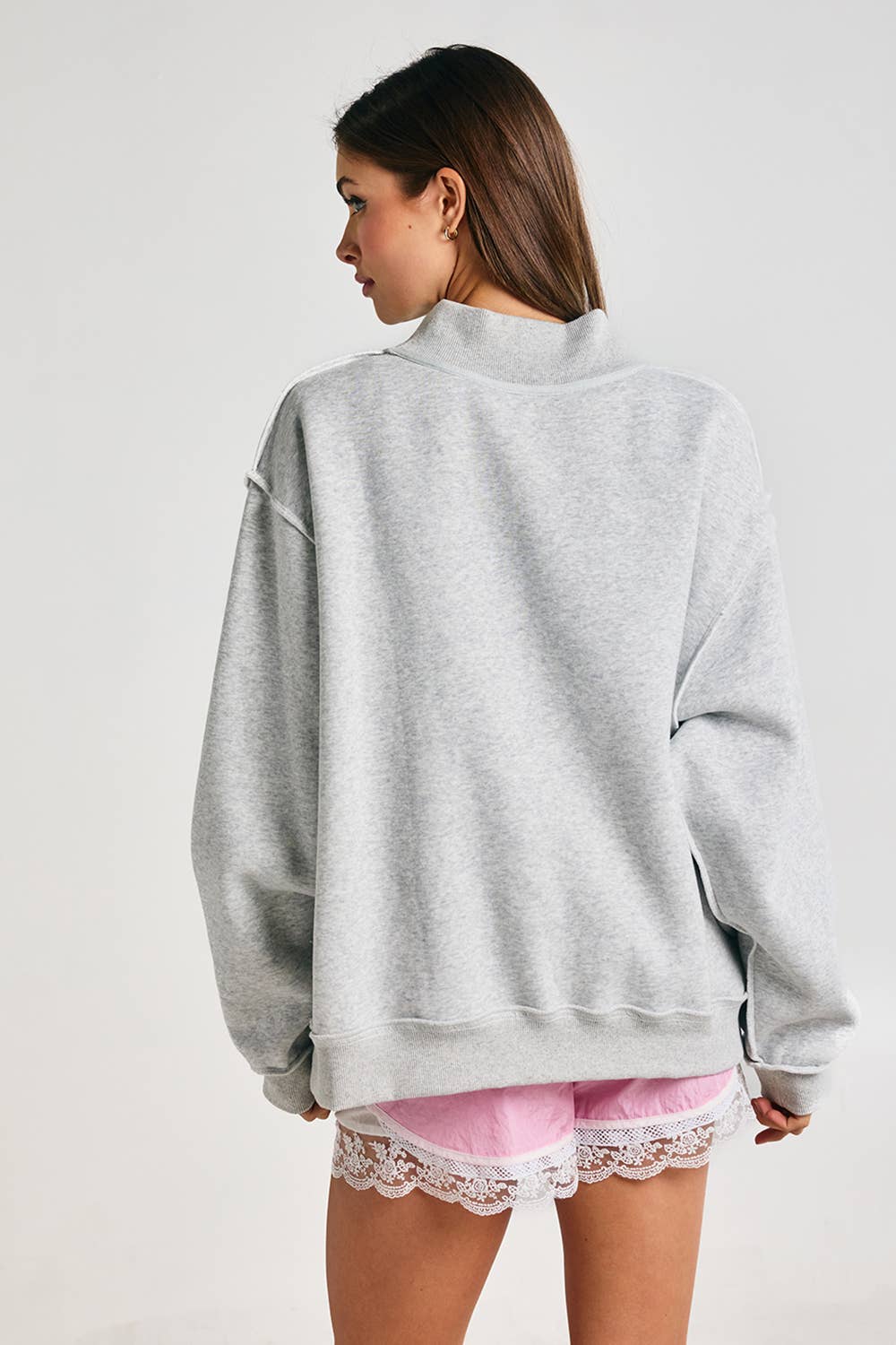 MAHJONG  Reversible "MAHJ"&"BAM" Mock Neck Sweatshirt: Ash Grey/Pink / S/M-L/XL (3-3)