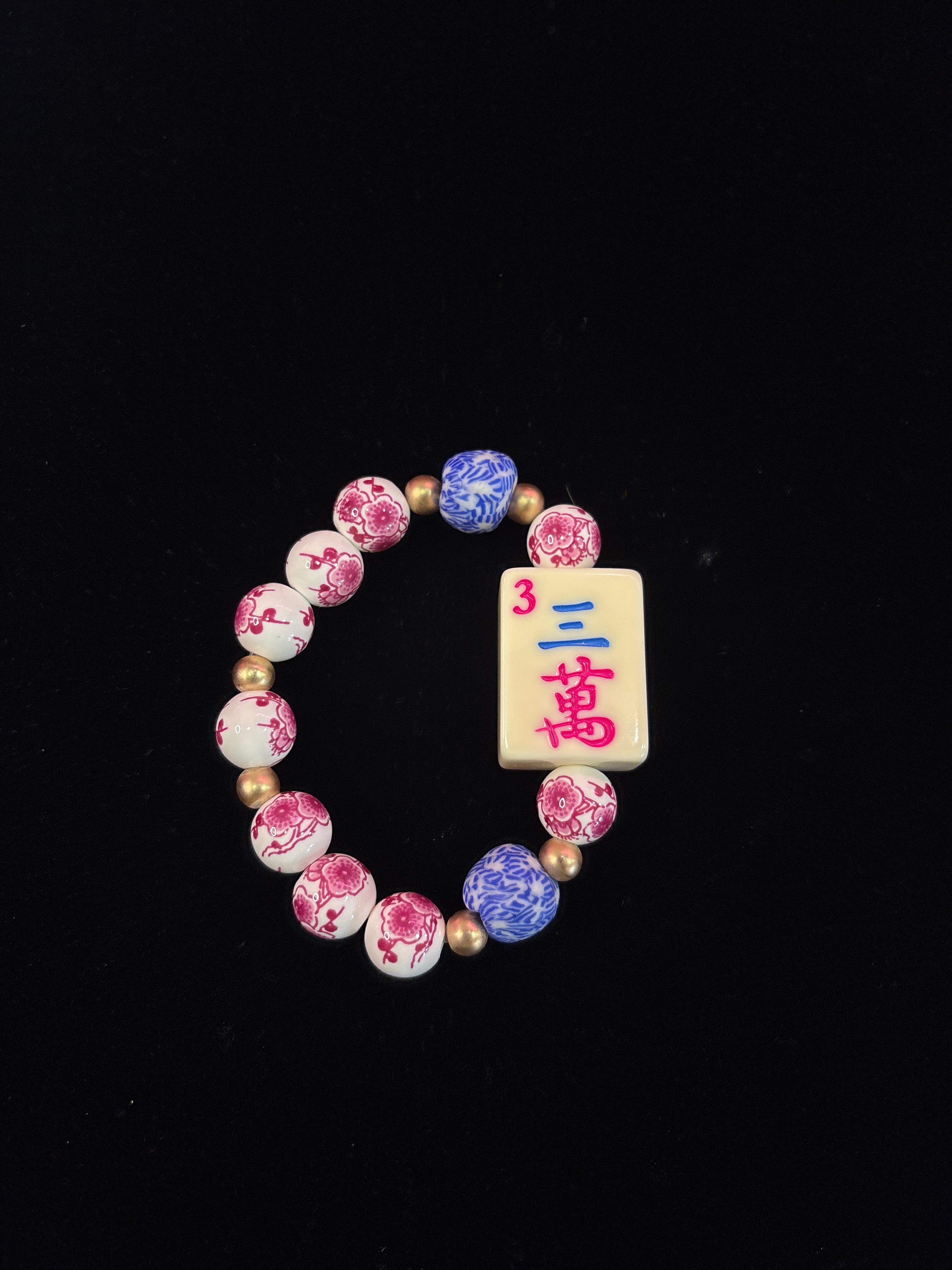 #4 Mahjong Tile Bracelet with Pink and White Floral Beads and Blue Beads with 3 Crack