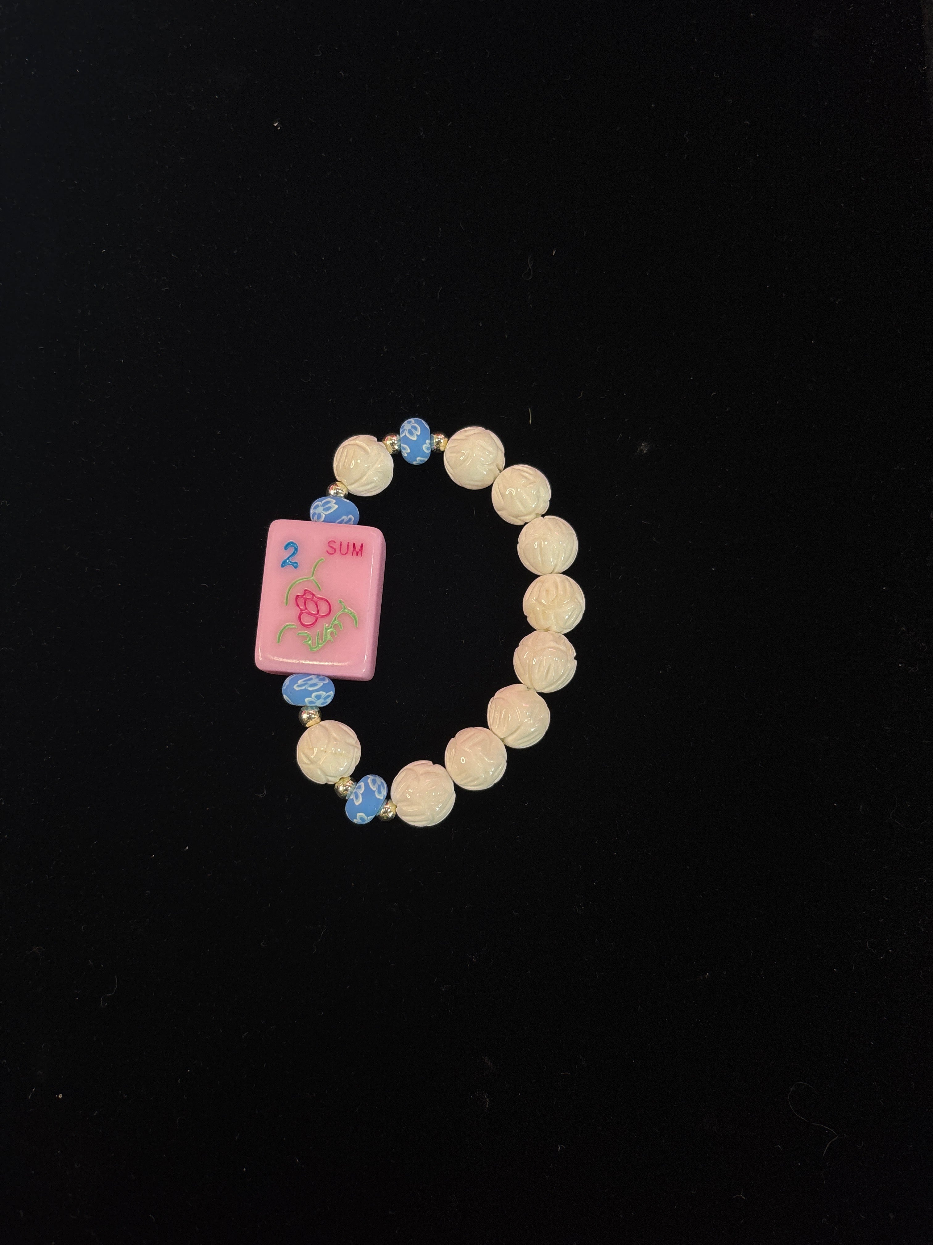#12 Mahjong Tile Bracelet with White and Blue Beads with Summer Flower