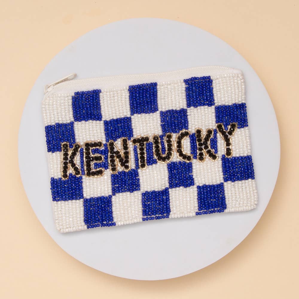 Gameday Checkered Pattern State Name Seed Beaded Coin Bag: Burgundy White
