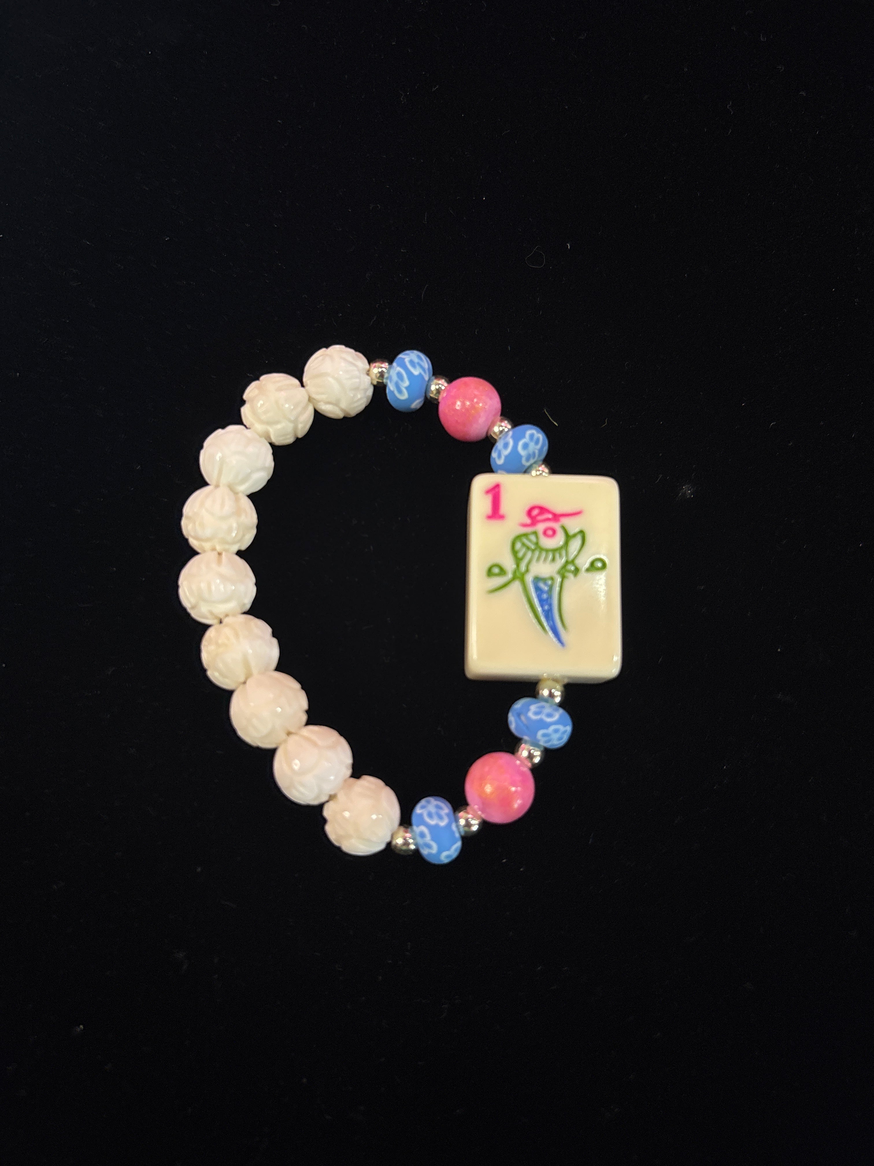 #19 Mahjong Tile Bracelet- with Pink, Blue, and White Beads with 1 Bam Bird