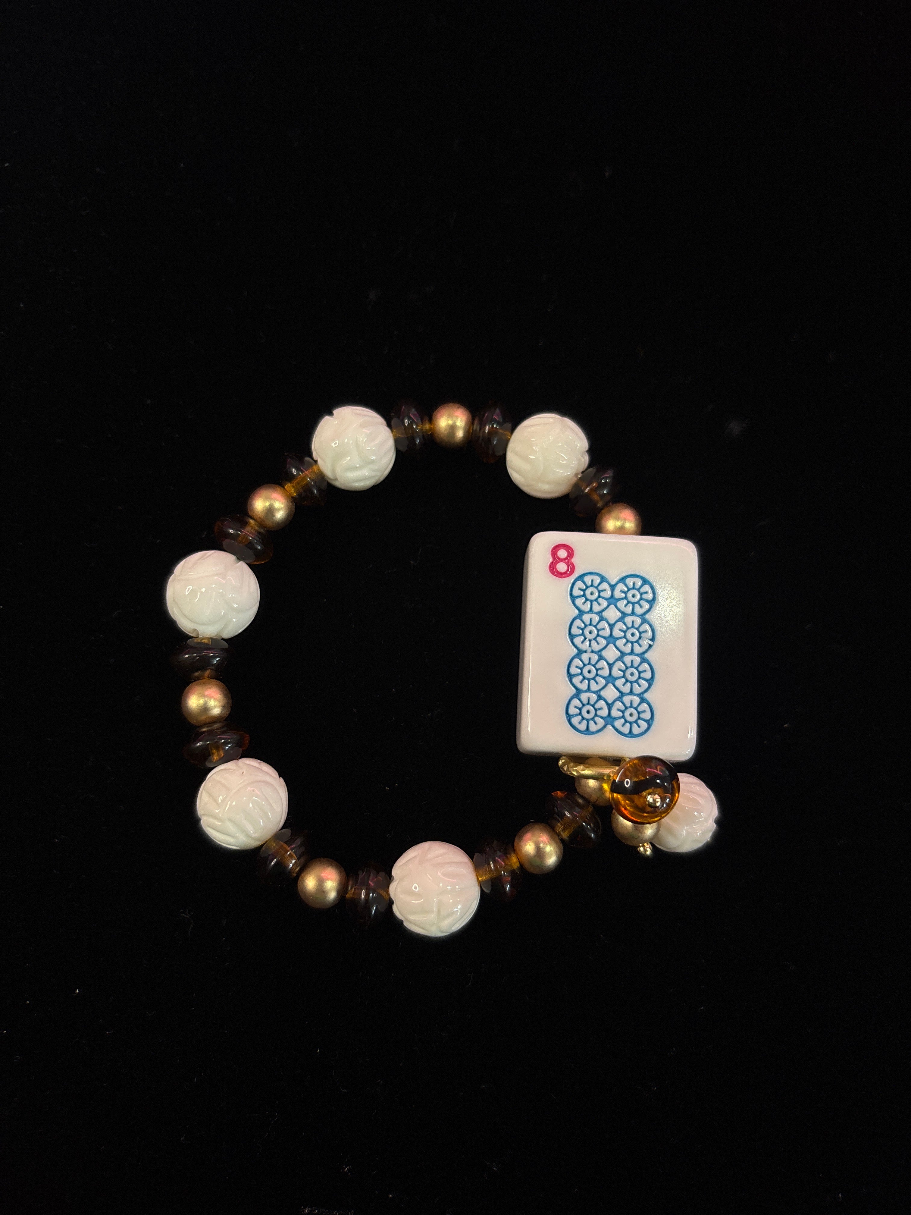 #16 Mahjong Tile Bracelet with White, Gold, and Brown Beads with 8 Dot