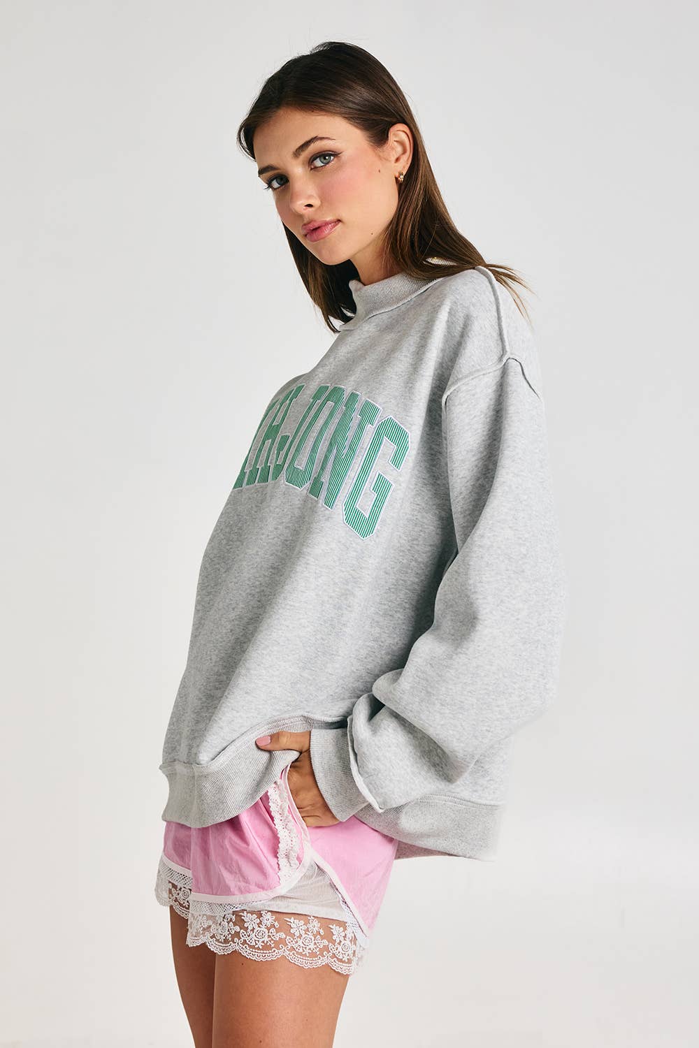 MAHJONG | Mahjong Embroidery Sweatshirt: H.GREY/KELLY GREEN STRIPE / S/M-L/XL (3-3)