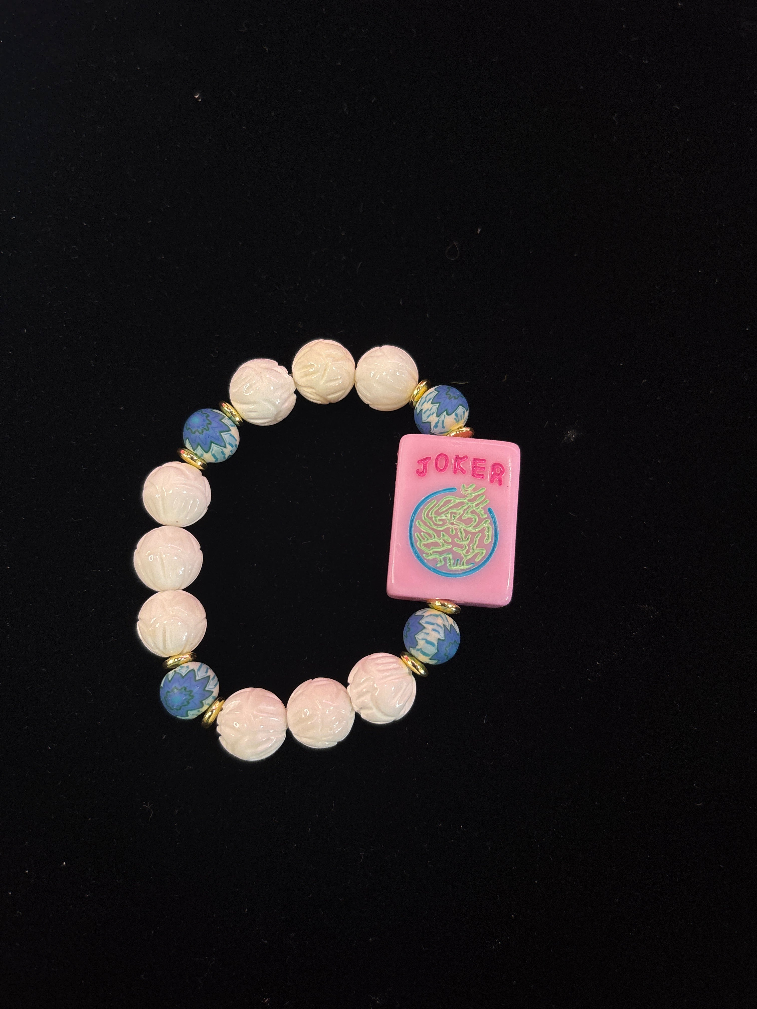 #11 Mahjong Tile Bracelet with White and Blue Beads with Joker