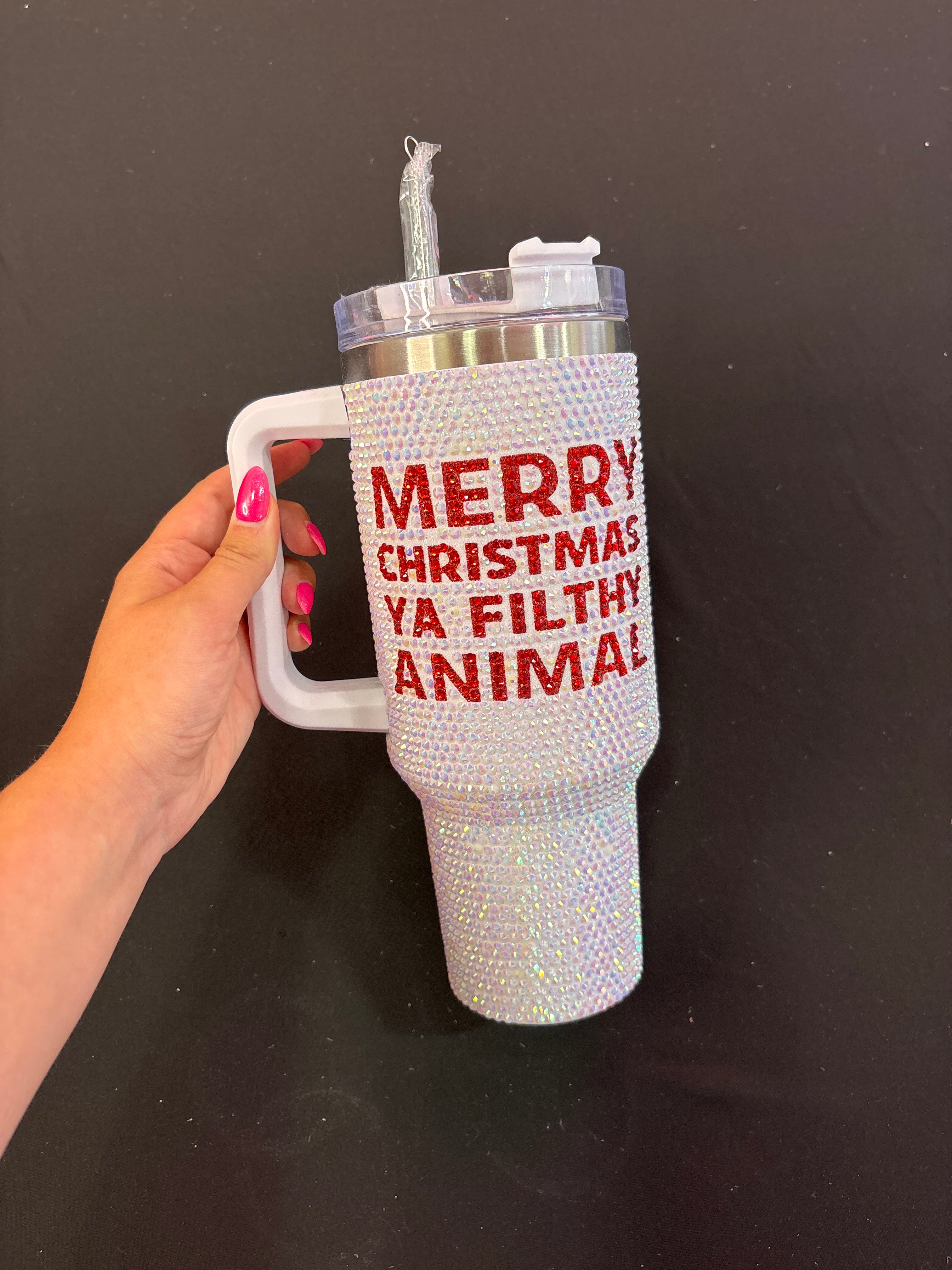 White Sparkle Tumbler Cup with Red “Merry Christmas Ya Filthy Animal”