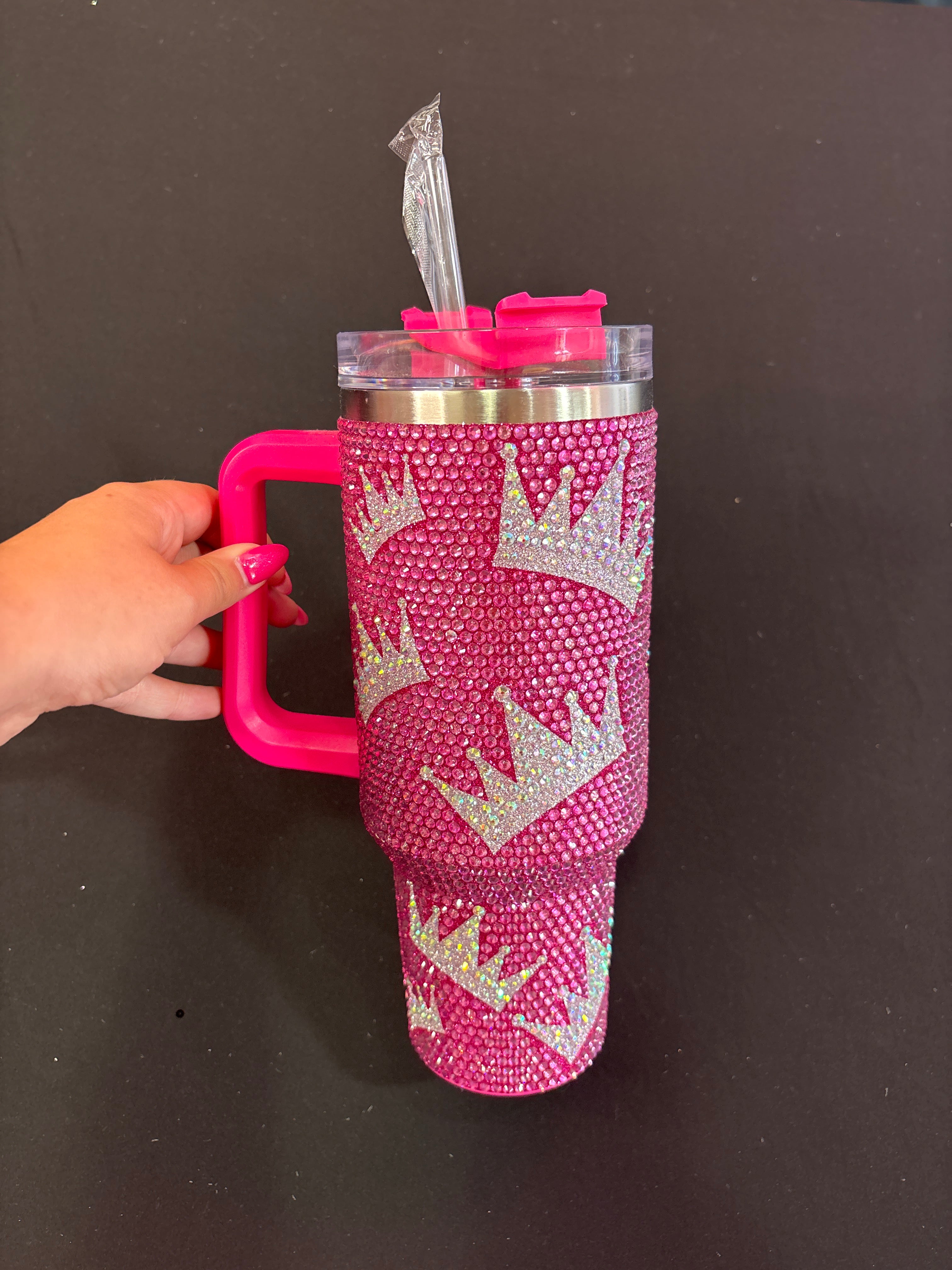 Hot Pink Sparkle Tumbler Cup With Silver Crowns