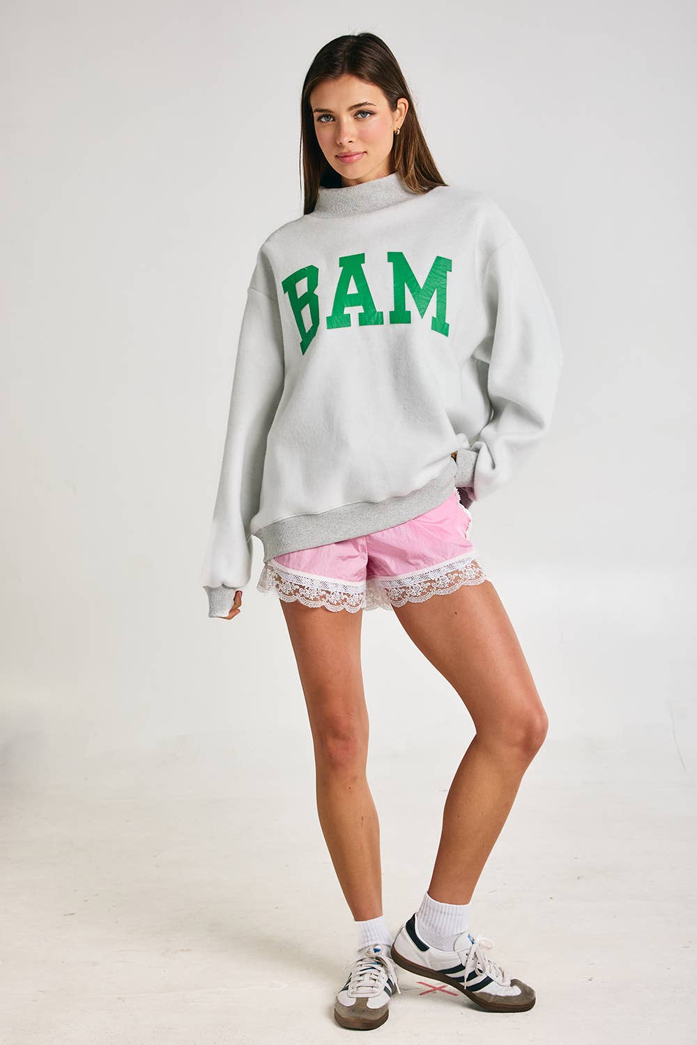MAHJONG  Reversible "MAHJ"&"BAM" Mock Neck Sweatshirt: Heather Grey/Kelly Green / S/M-L/XL (3-3)