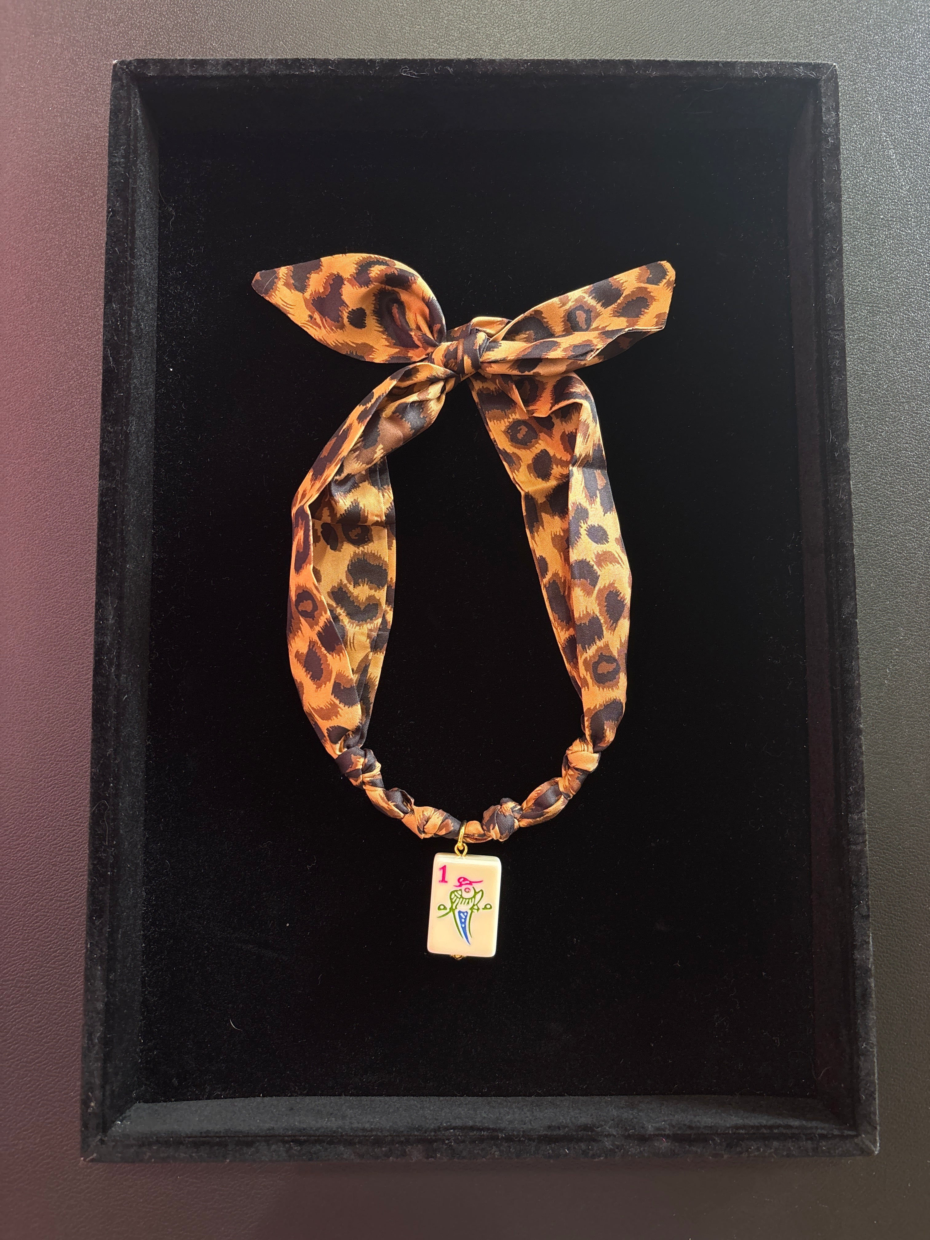 Mahjong Tile Scarf Necklace- Leopard with Bird Bam