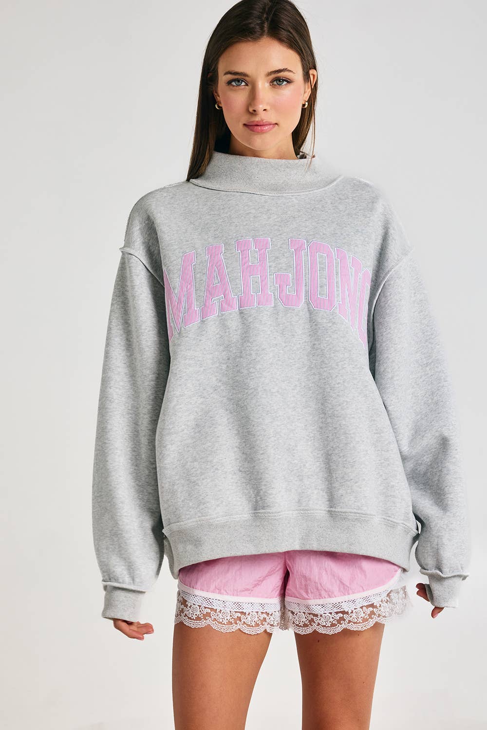MAHJONG | Mahjong Embroidery Sweatshirt: H.GREY/BABY PINK STRIPE / S/M-L/XL (3-3)