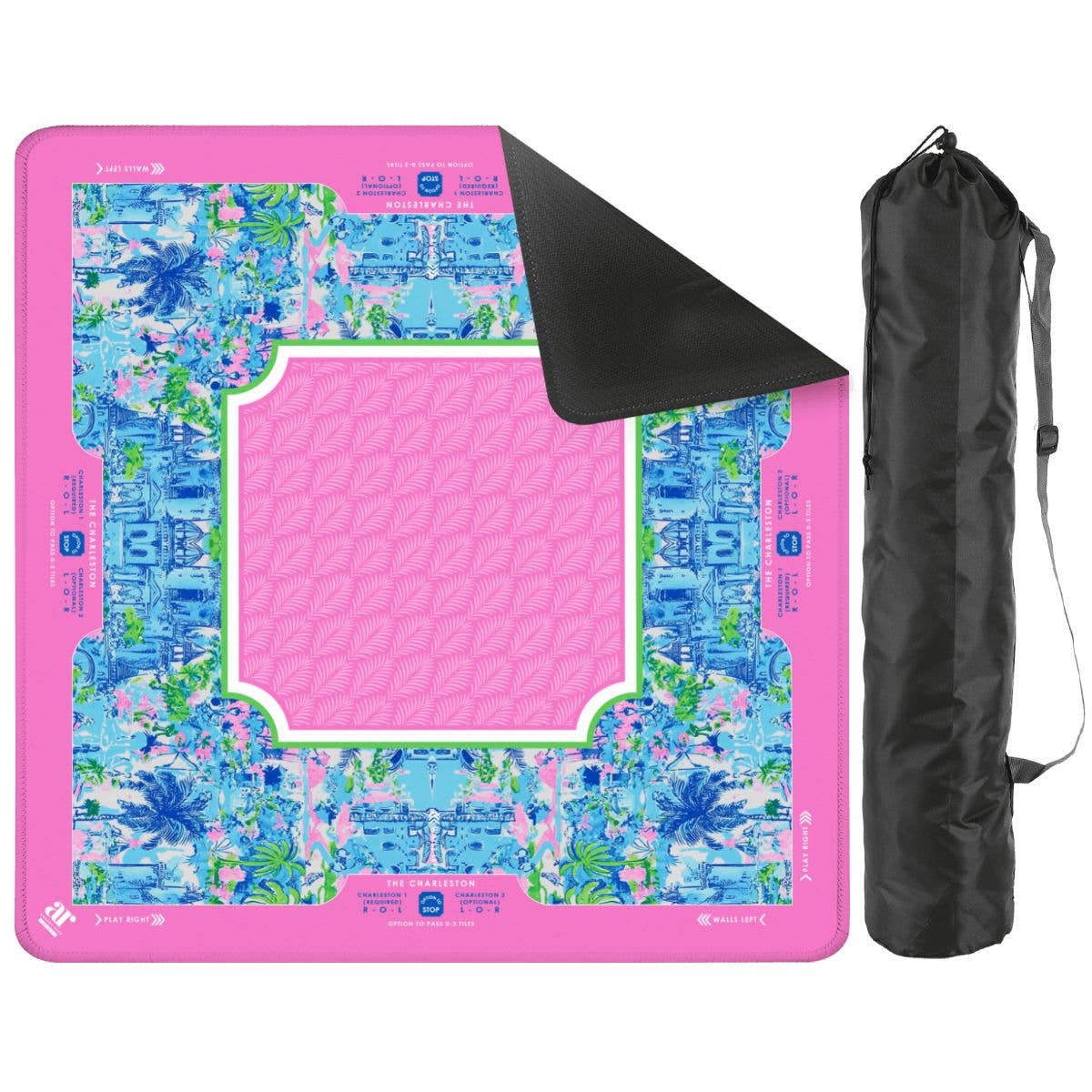Palm Beach Collection Mahjong Mat | Pink Cabana Blue, Lime: 20.9 x 20.9 Travel Size / Pink Cabana Blue