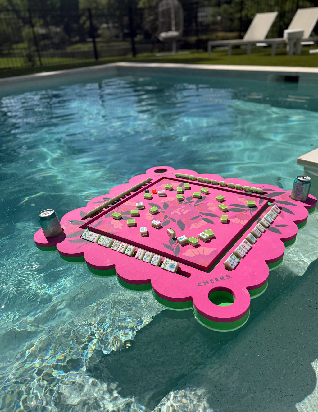 Floating Mahjong Tile Mat in Neon Floral Pink