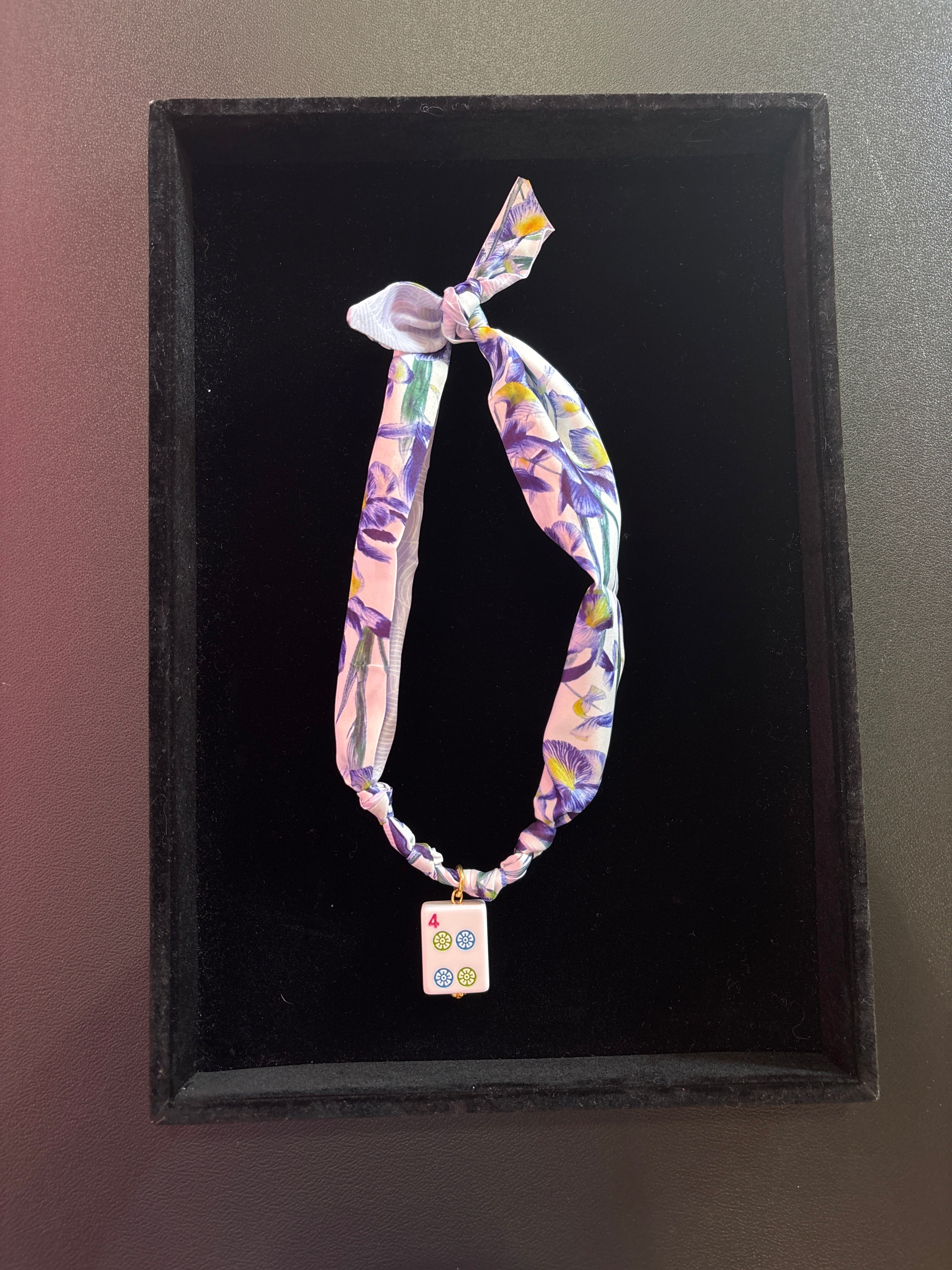 Mahjong Tile Scarf Necklace- Blue Floral with 4 Dot
