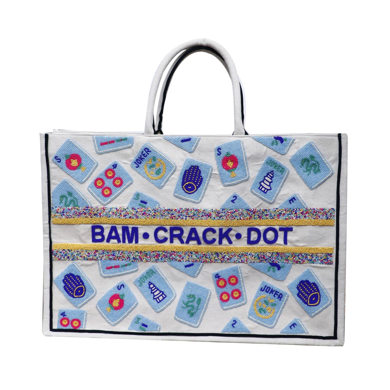 HAND BEADED MAHJONG TOTE BAG - BAM CRACK DOT Ivory/Multi/ Royal