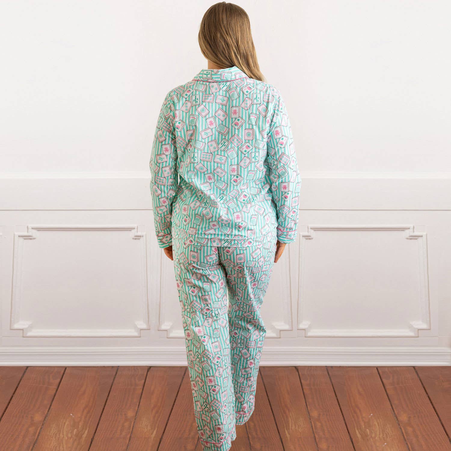 Mahjong Stripe PJ Set with Pants & Long Sleeve Top: M