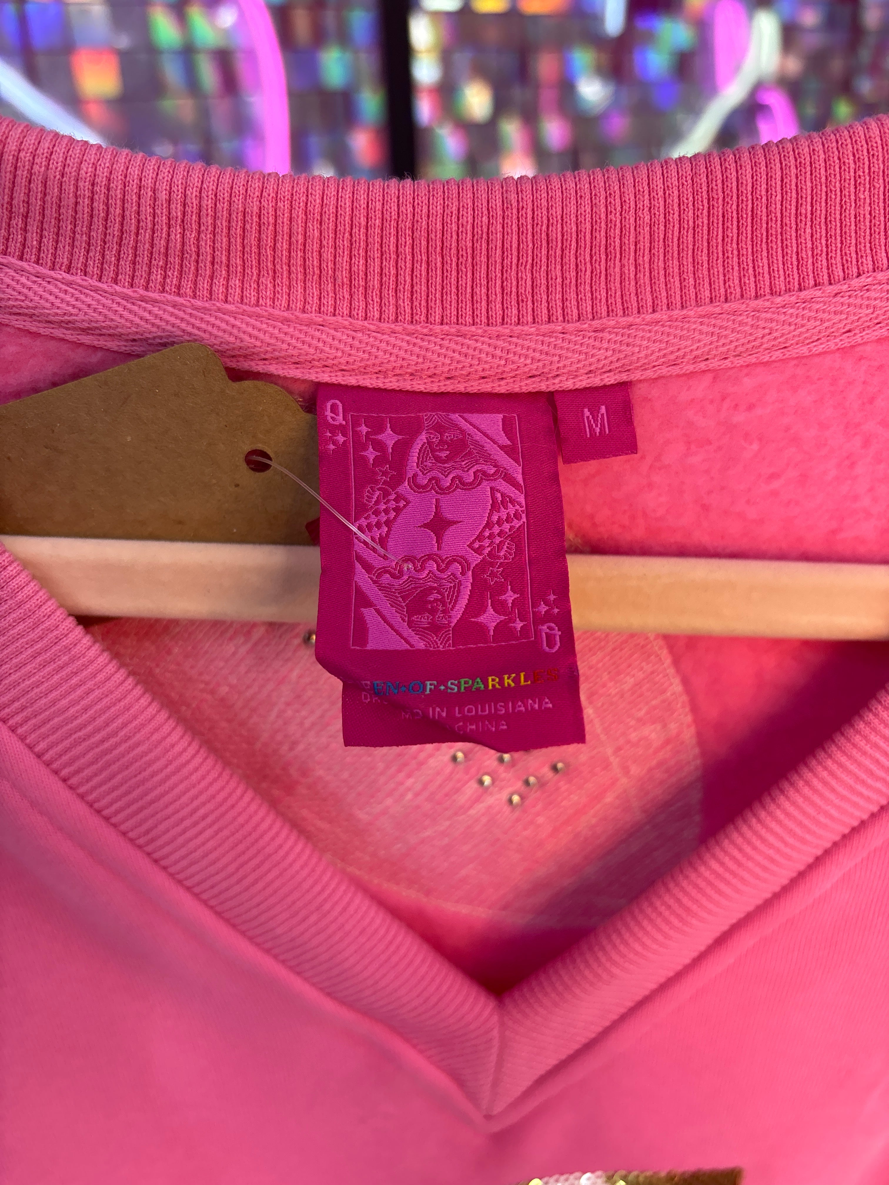 Queen of Sparkles QOS NWOT Pink Football V Neck Sweatshirt M